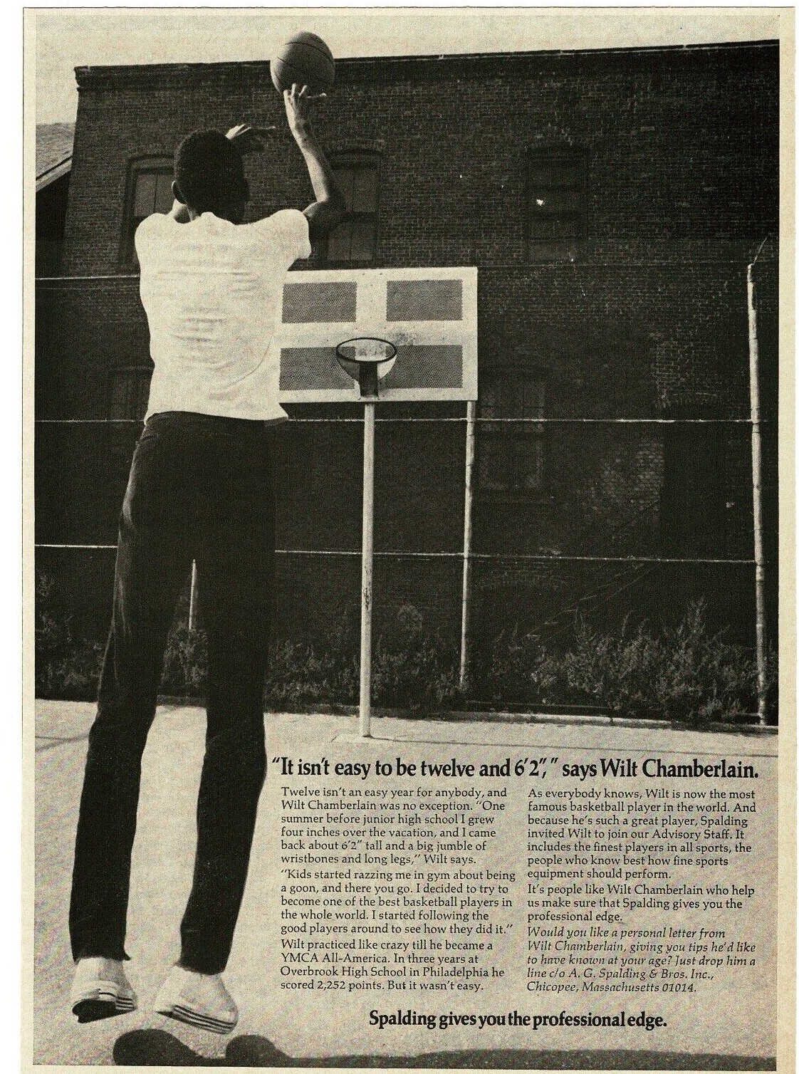 1968 SPALDING Basketball 12 year old WILT CHAMBERLAIN 76ers Vintage Print Ad