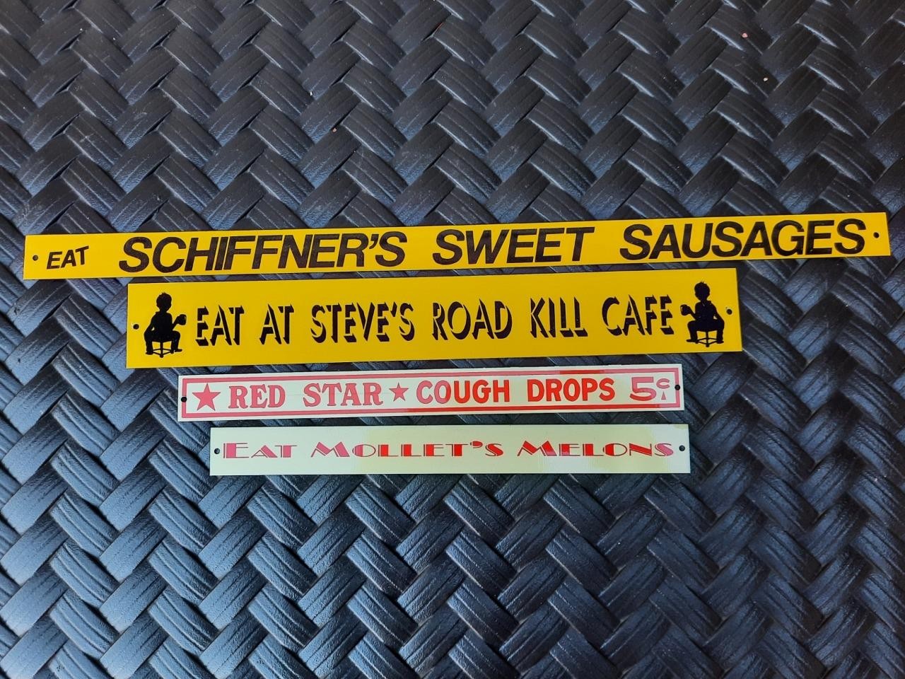 4 METAL PAINTED SHELF STRIP ADVERTISING SIGN RED STAR COUGH DROPS ROAD KILL ETC