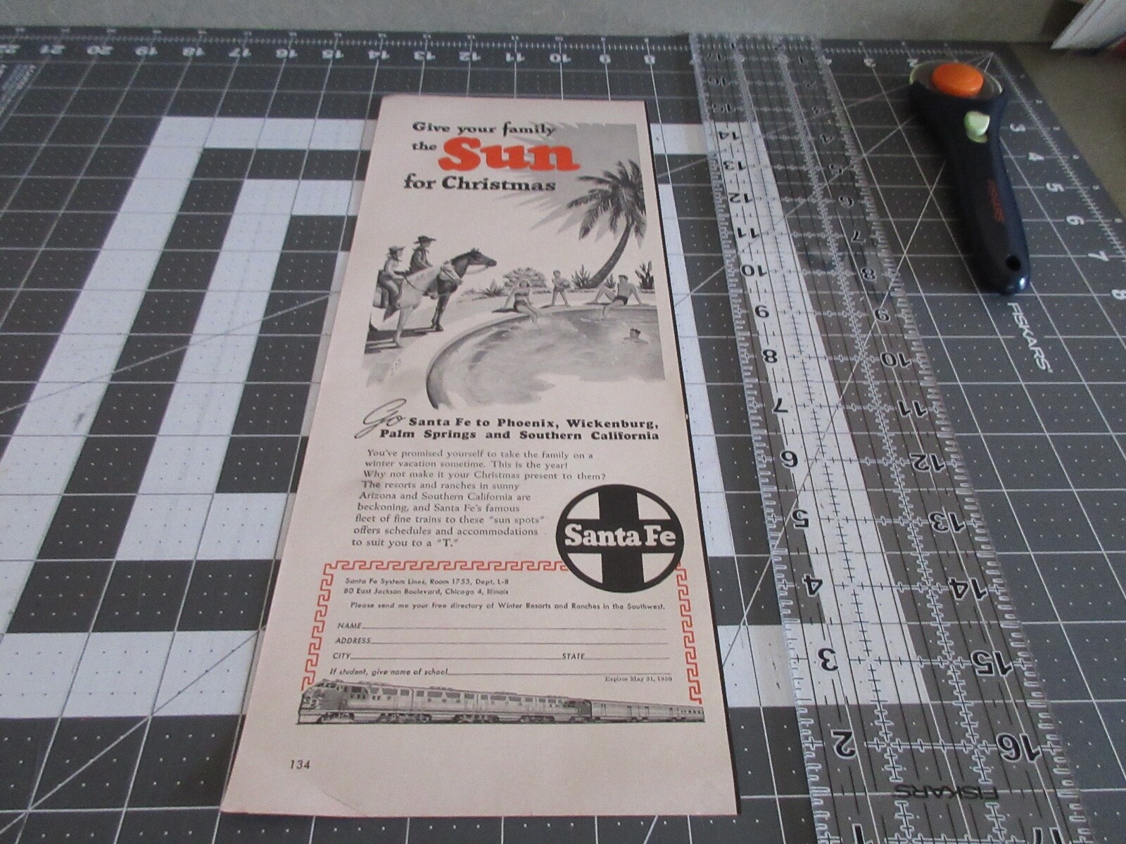 1949 Santa Fe Railroad Sun For Christmas, Vintage Print Ad