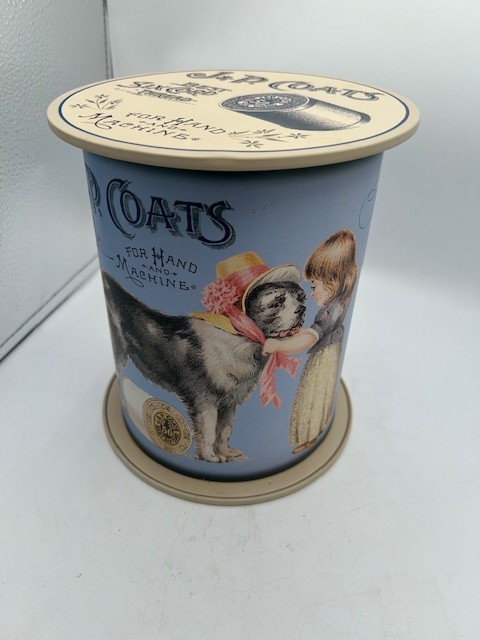 2006 VTG Clarks Spool Sewing J&P Coats Collectable 8″ Tin Hard to Find Girl Dog