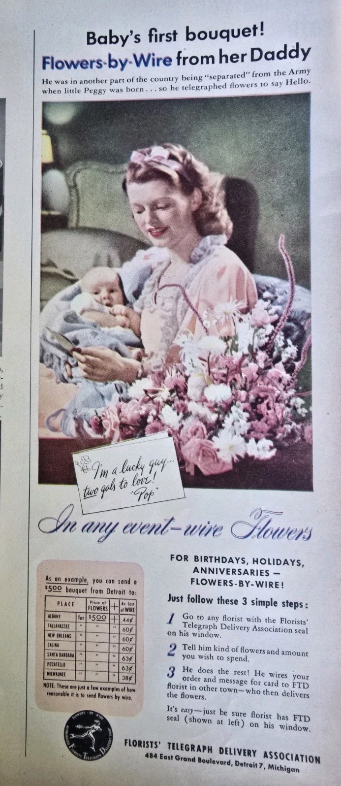 1946 FTD Florists Telegraph DeliveryNew Baby first bouquet flowers vintage Ad