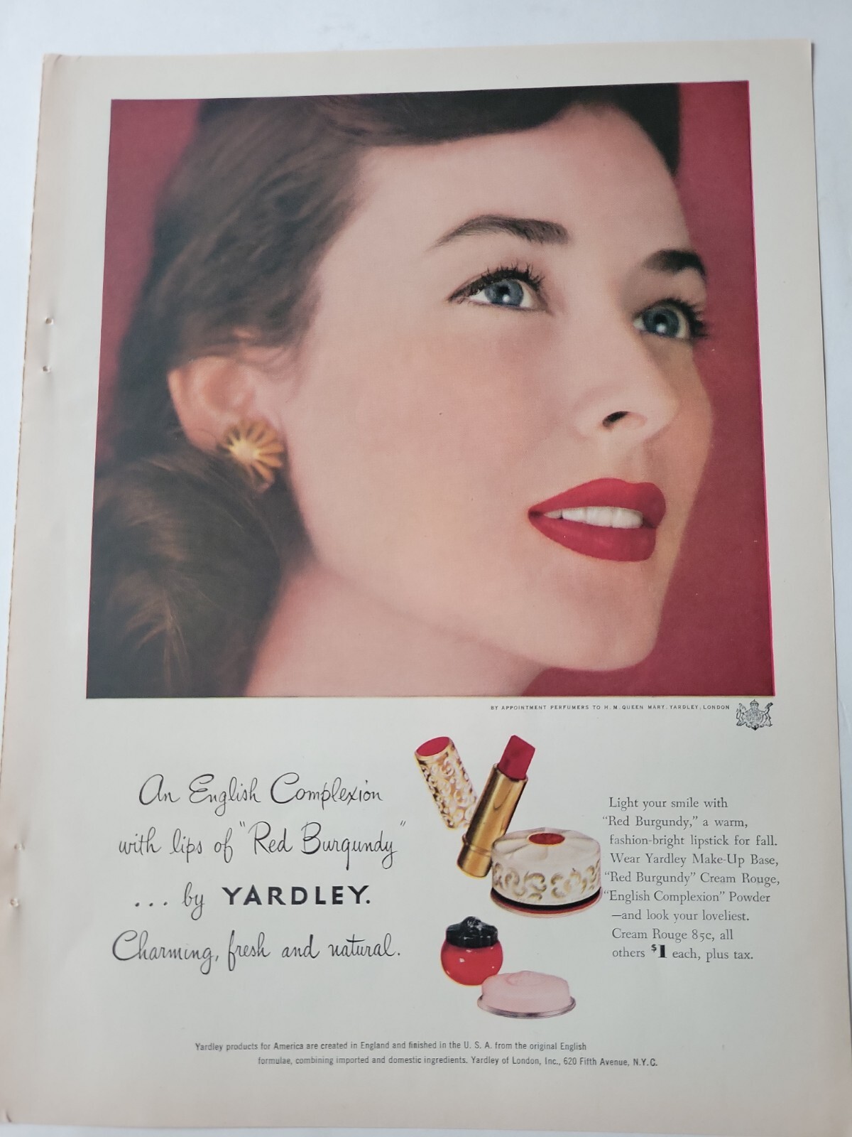 1947 Yardley red burgandy lipstick powder vintage cosmetic ad