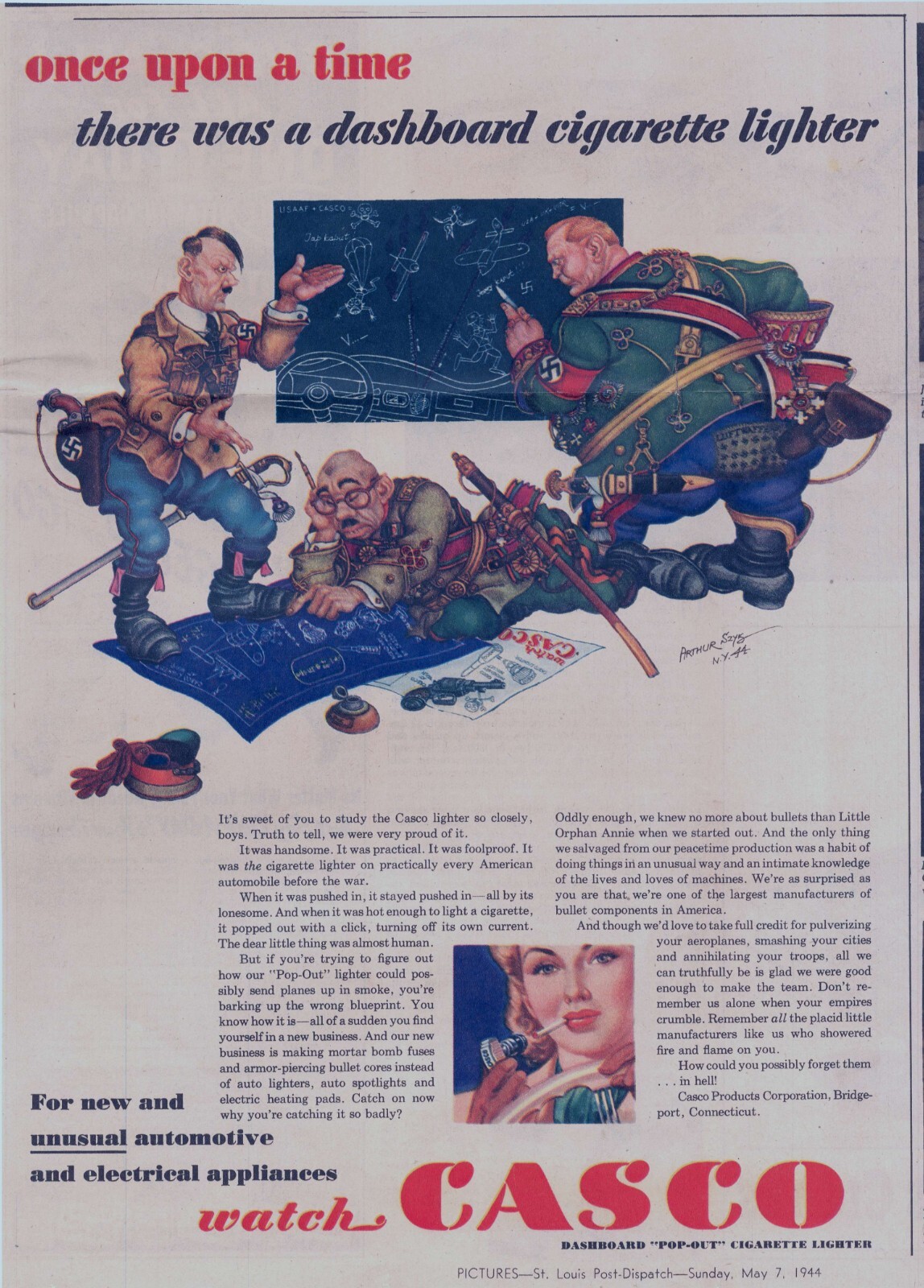 Casco Dashboard Pop Out Cigarette Lighter – by Arthur Szyk – 1944 Advertisement