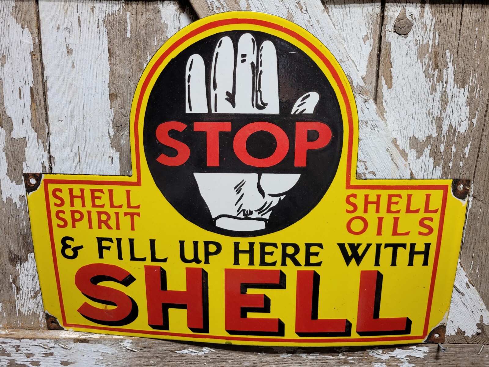 VINTAGE SHELL PORCELAIN SIGN 24″ GAS STATION MOTOR OIL GARAGE DISPLAY PETROLIANA
