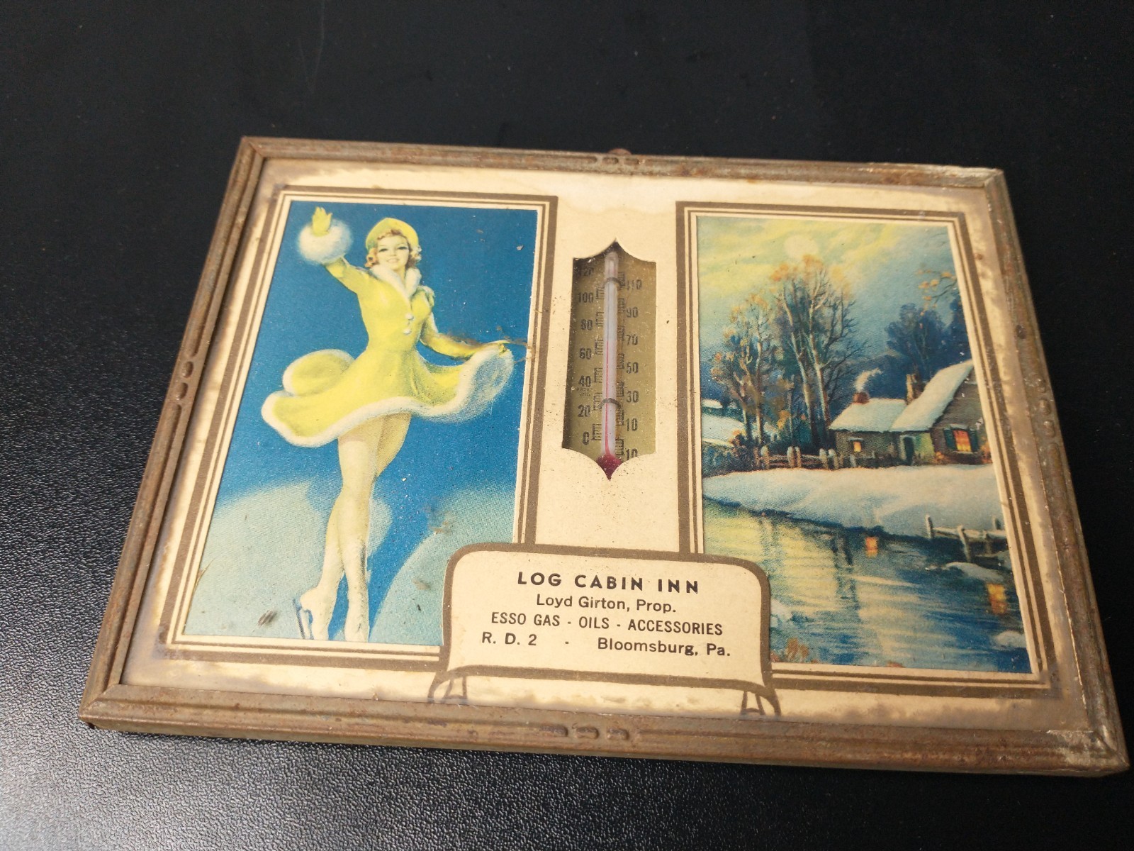 Vintage 1944 Log Cabin Inn advertising thermometer framed in metal W/glass front