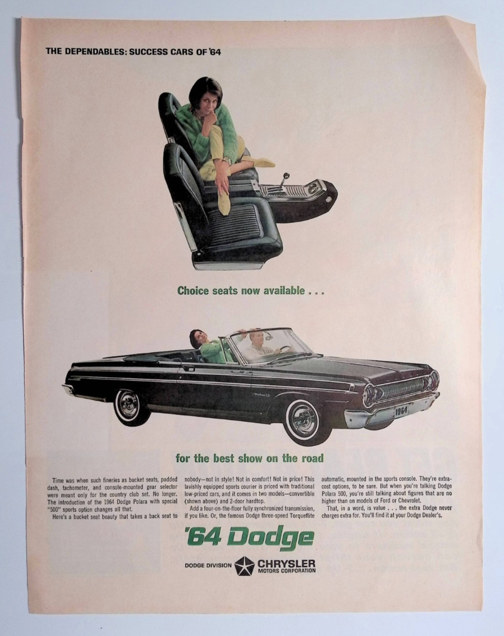 1964 Dodge Polara Seats for Best Show on the Road Vintage Print Ad LIFE Jan 17