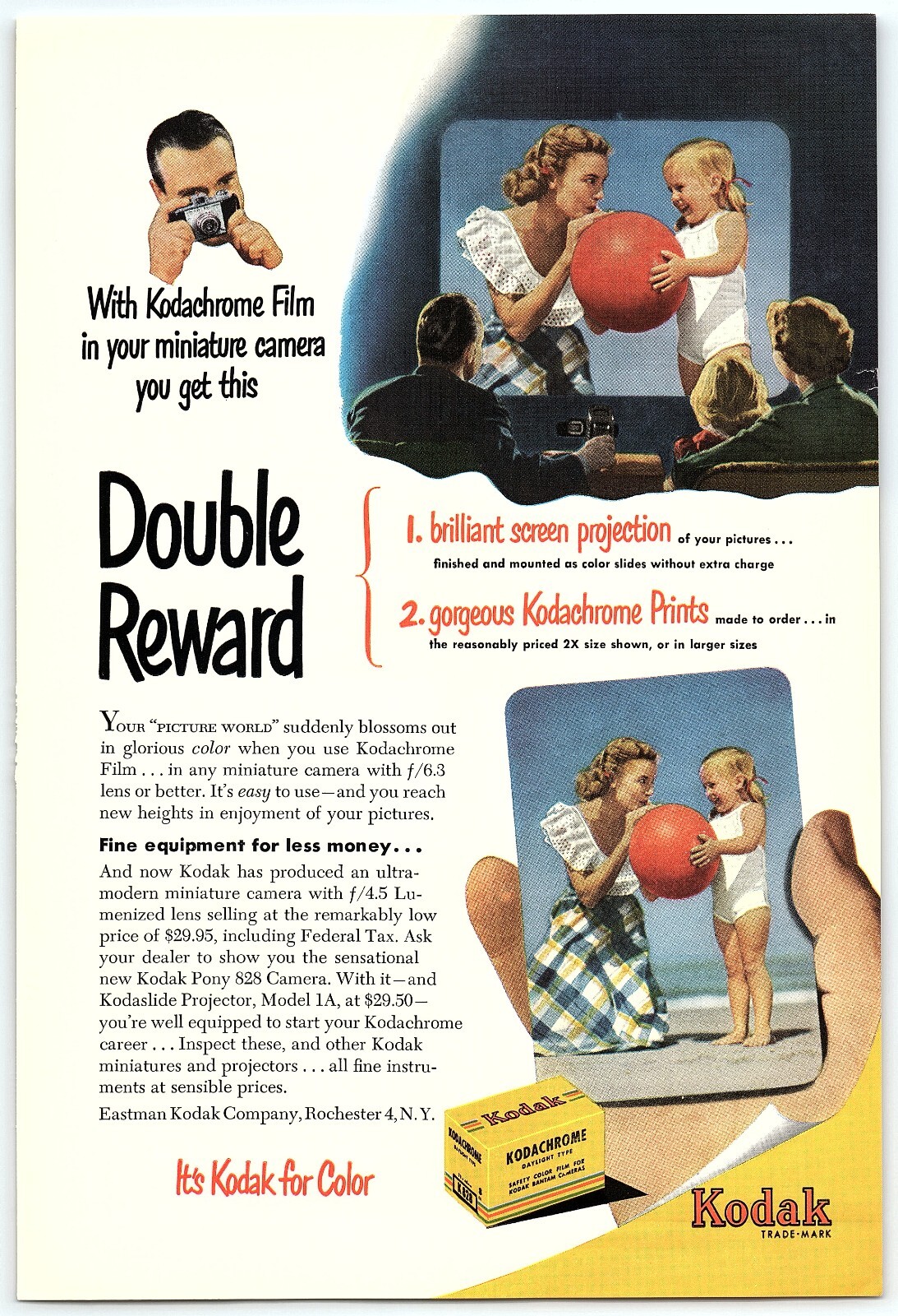 1950s KODAK CAMERAS KODACHROME FILM DOUBLE REWARD FULL PAGE PRINT AD Z6136