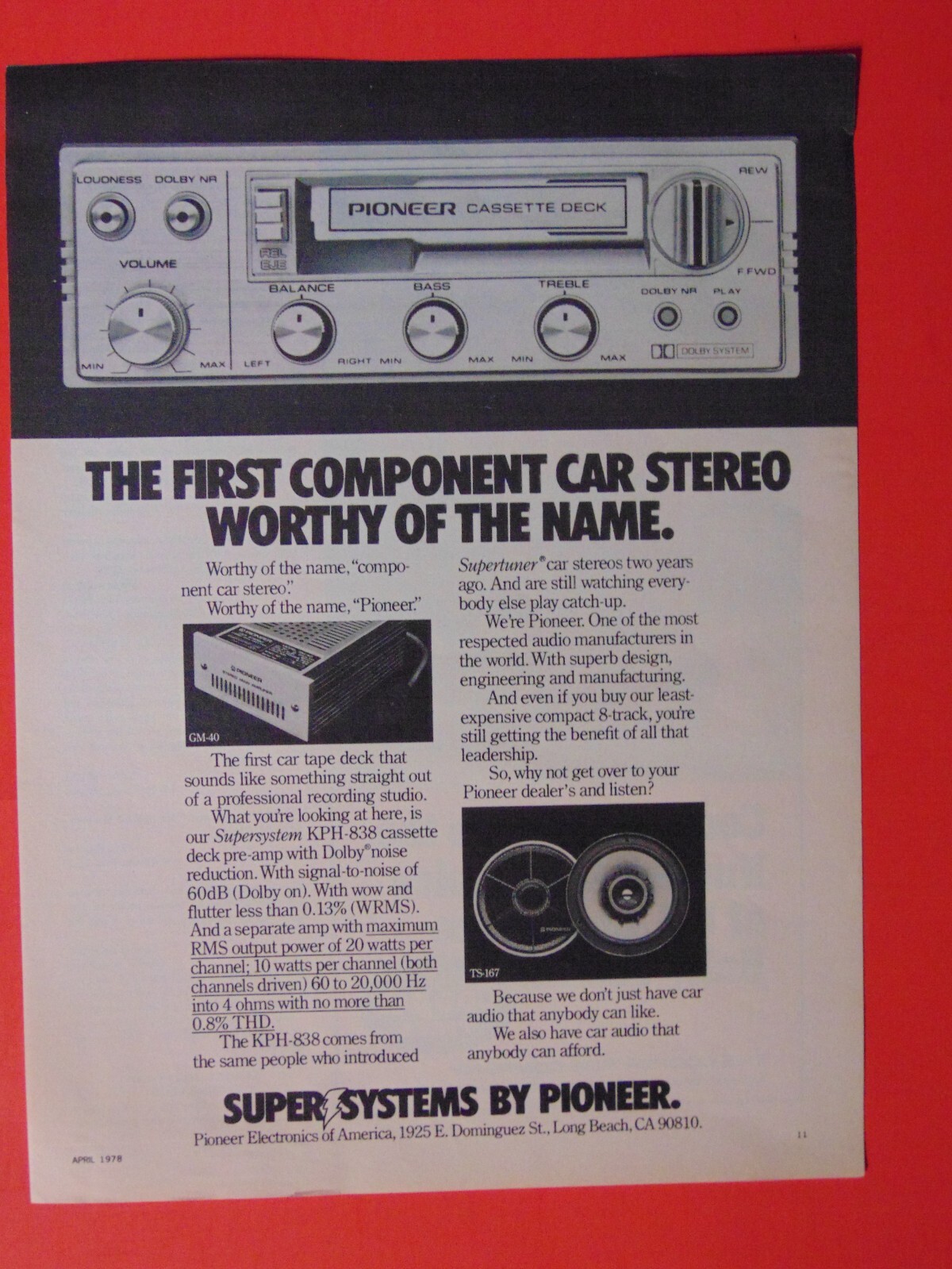 1978 PIONEER SUPER SYSTEMS CAR STEREO Cassette Player art print ad