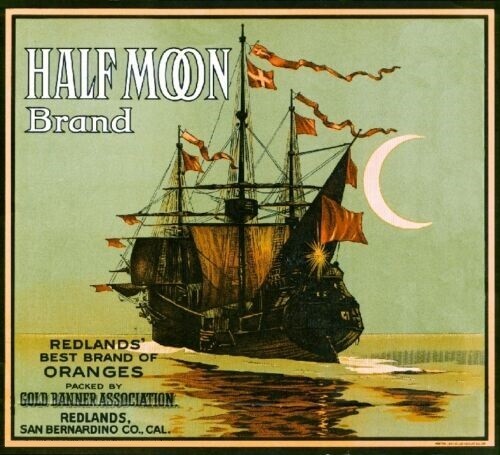 Half Moon Brand Orange Redlands San Bernardino Citrus Fruit Crate Label Print