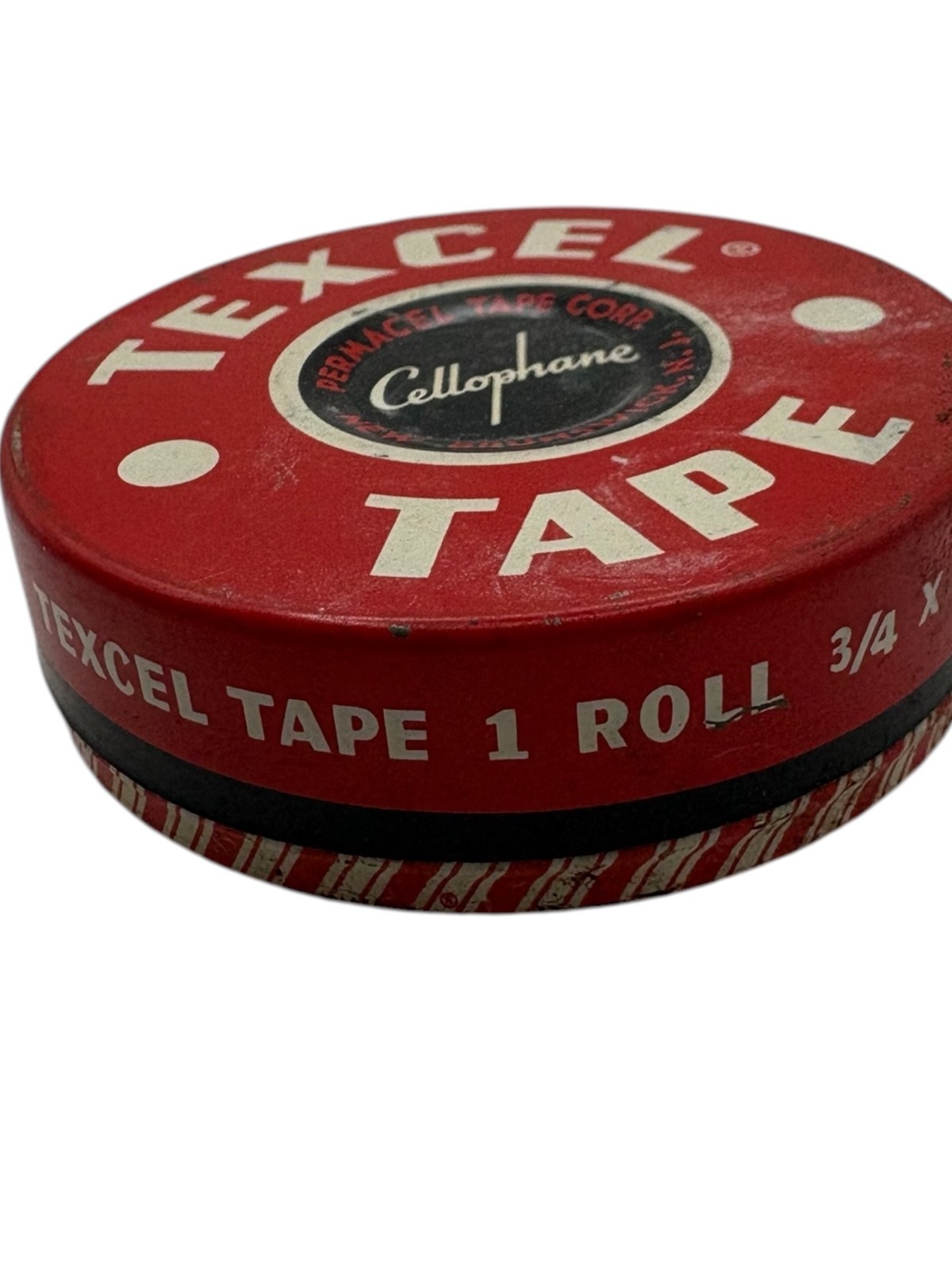 Vintage Texcel Cellophane Tape Tin Permacel Tape Corp New Brunswick NJ Red 1940s