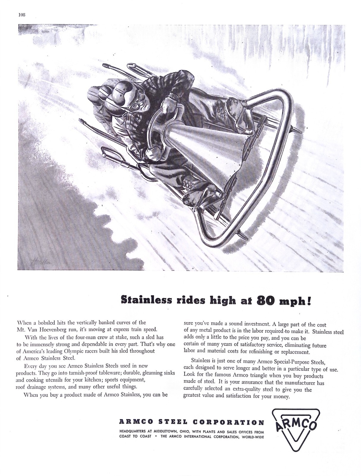Construction 1949 Print Ad Armco Steel Stainless Bobsled Rides High 11×14