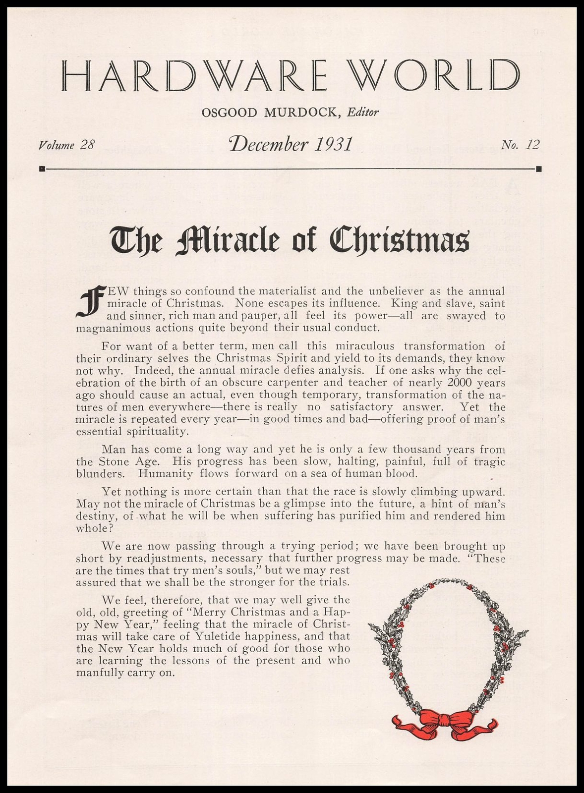 1931 Miracle Of Christmas Hardware World Osgood Murdock Editor Article Print Ad