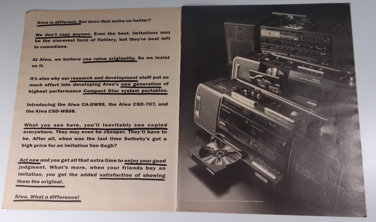 AIWA Boombox Print Ad Original Vintage 1988 CD Player Double Page