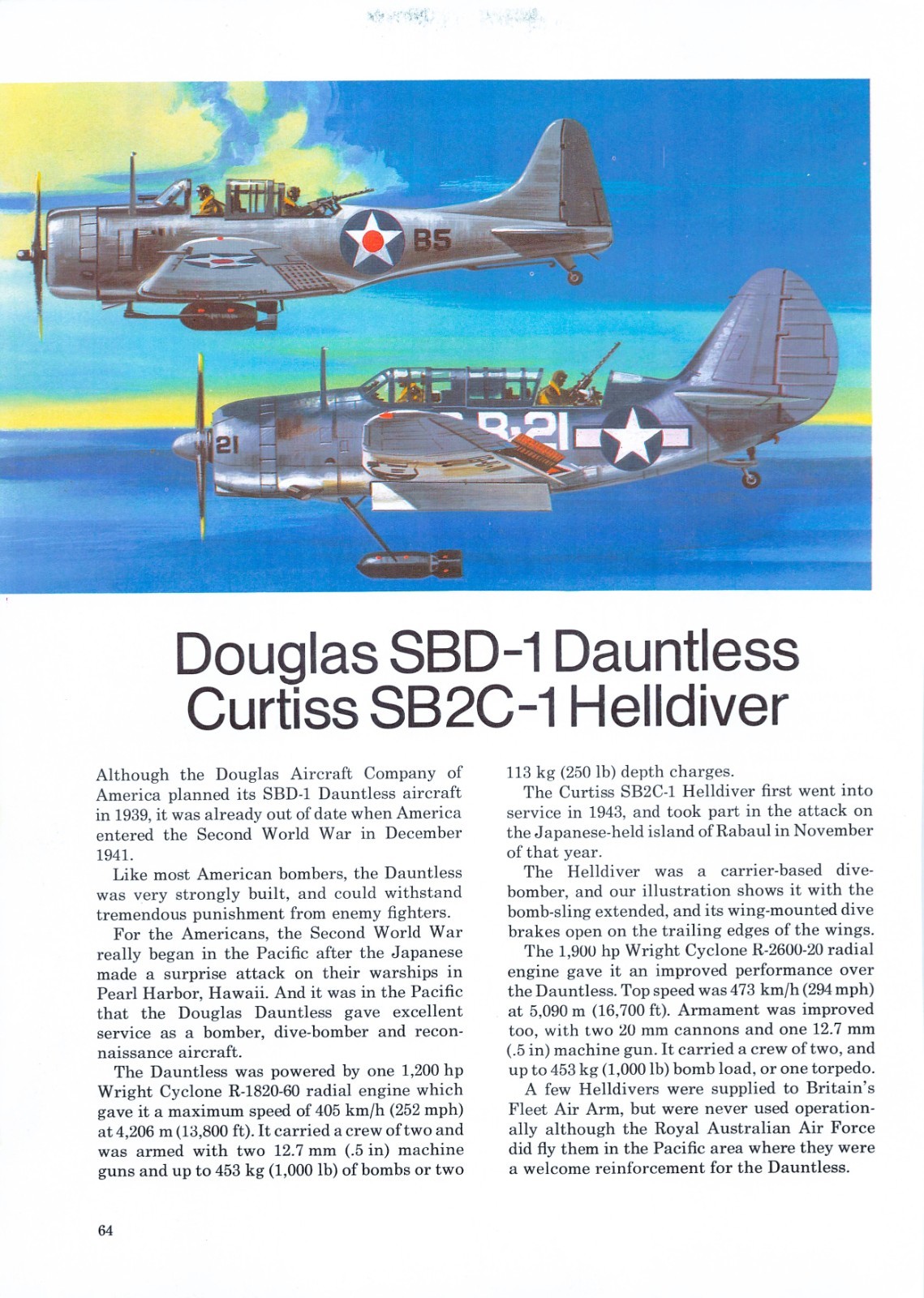 Douglas SBD-1 Dauntless Curtiss SB2C-1 Helldiver Attack Plane Vtg WWII Mag Image