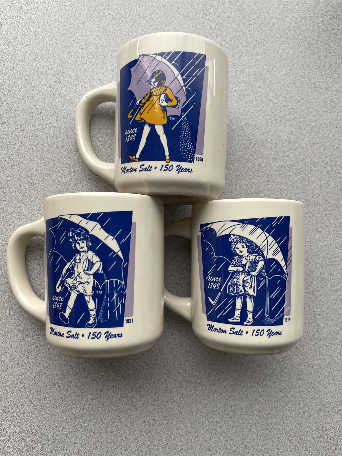 Vintage Morton Salt Coffee Mugs 1914 1921 1968 Umbrella Bryan China Rains Pours