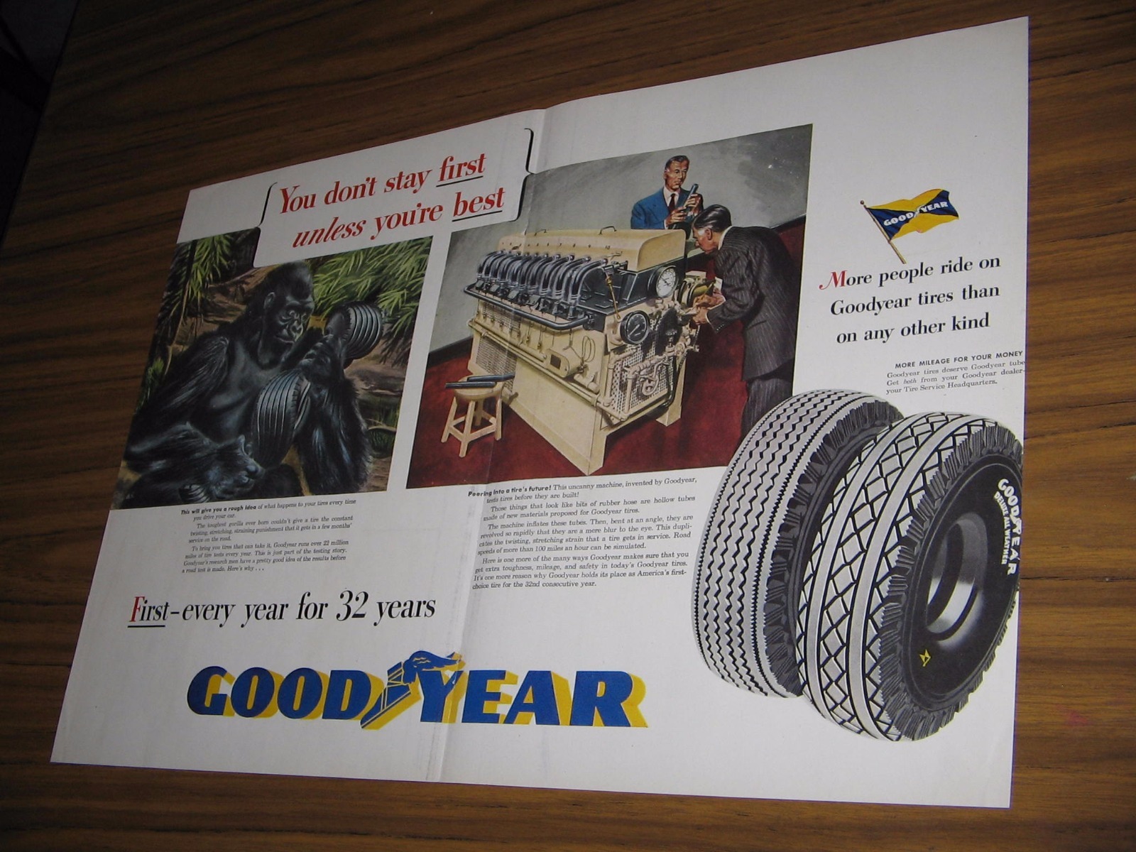 1947 Print Ad Goodyear Tires Gorilla Twists Tire & Testing Machine in Lab