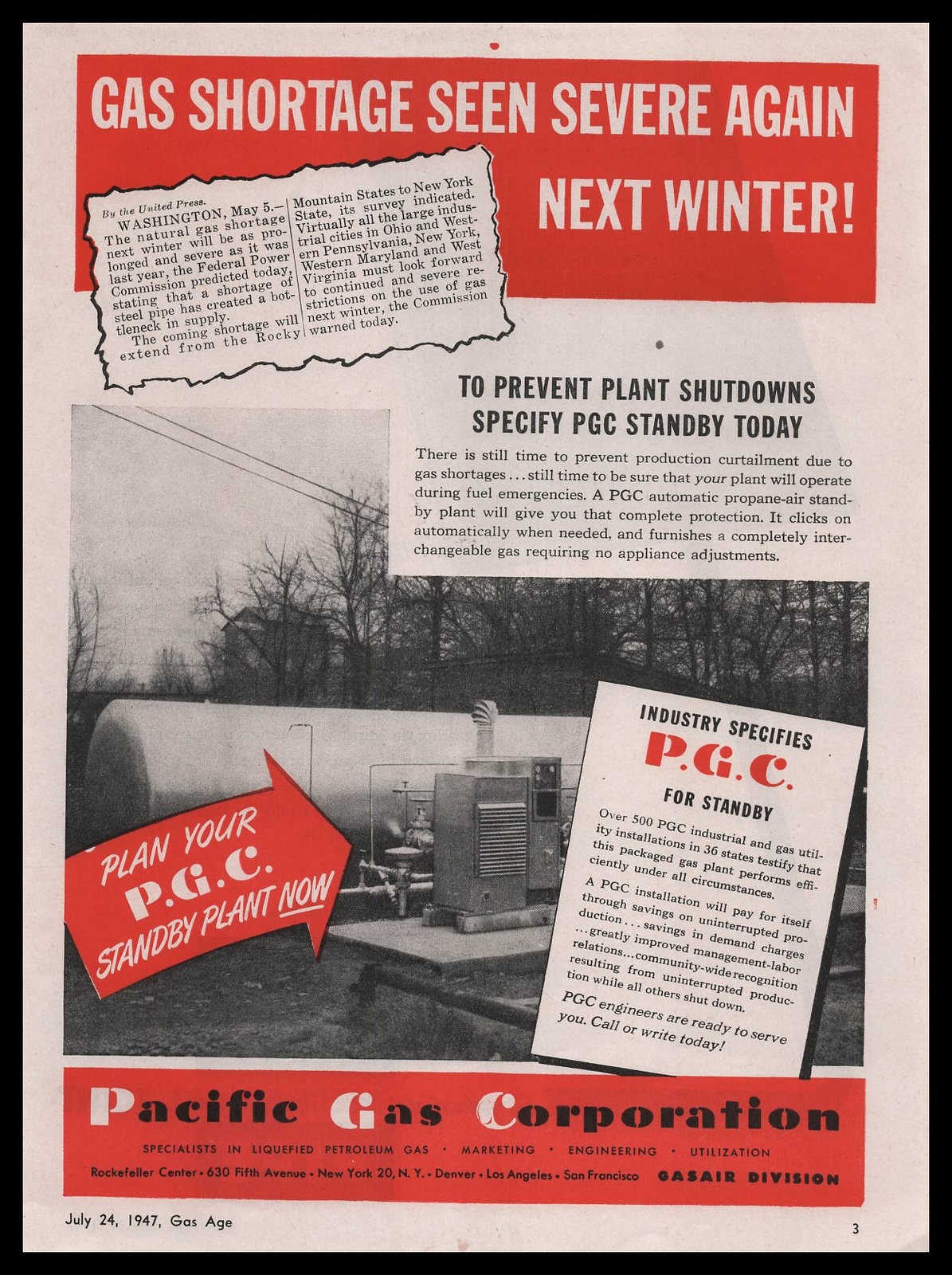 1947 Pacific Gas Corp. Gasair Division PGC Propane Plant Photo Vintage Print Ad