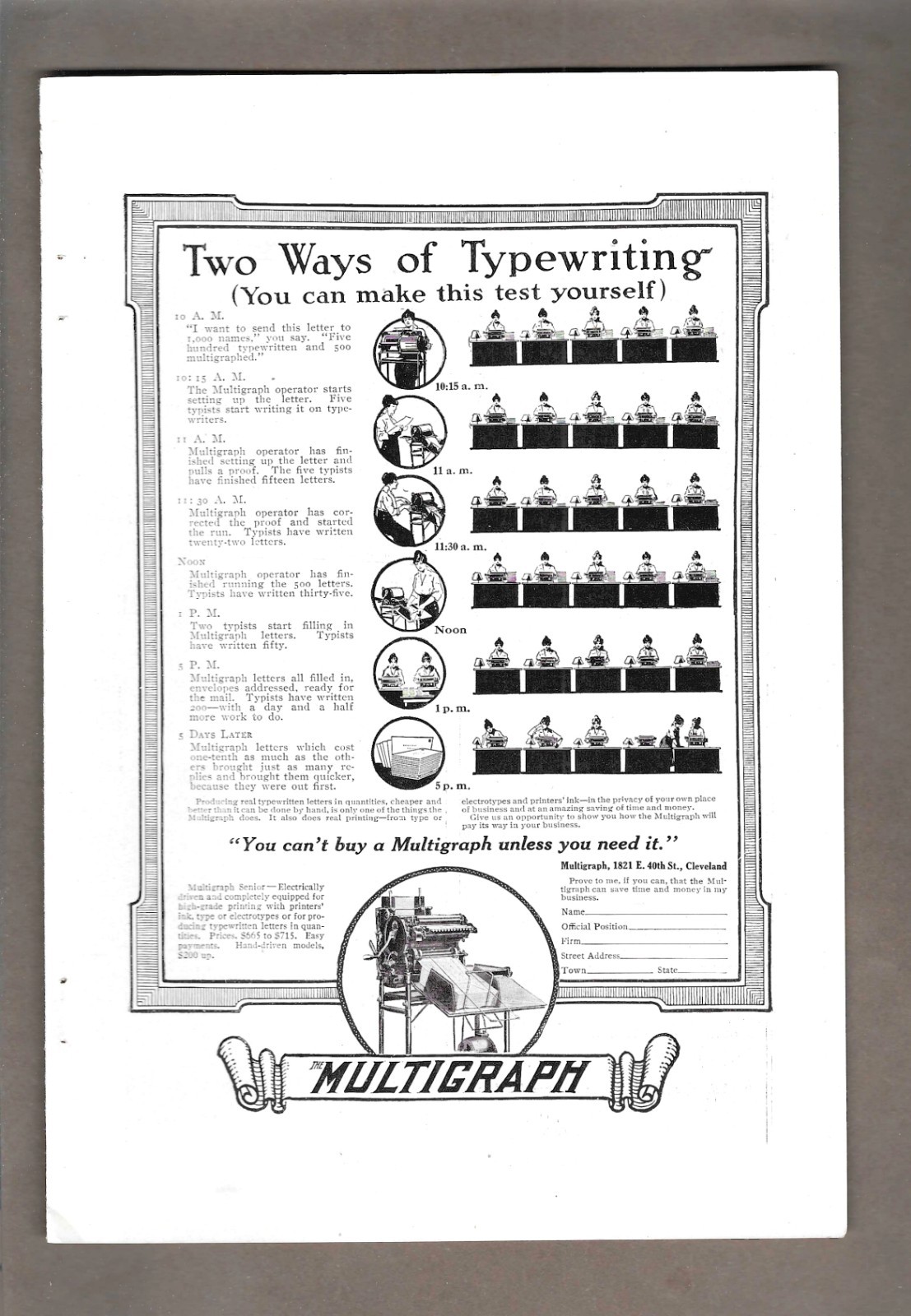 1916 Multigraph Printing System Printer Typewriter Typewriting Vintage Print Ad