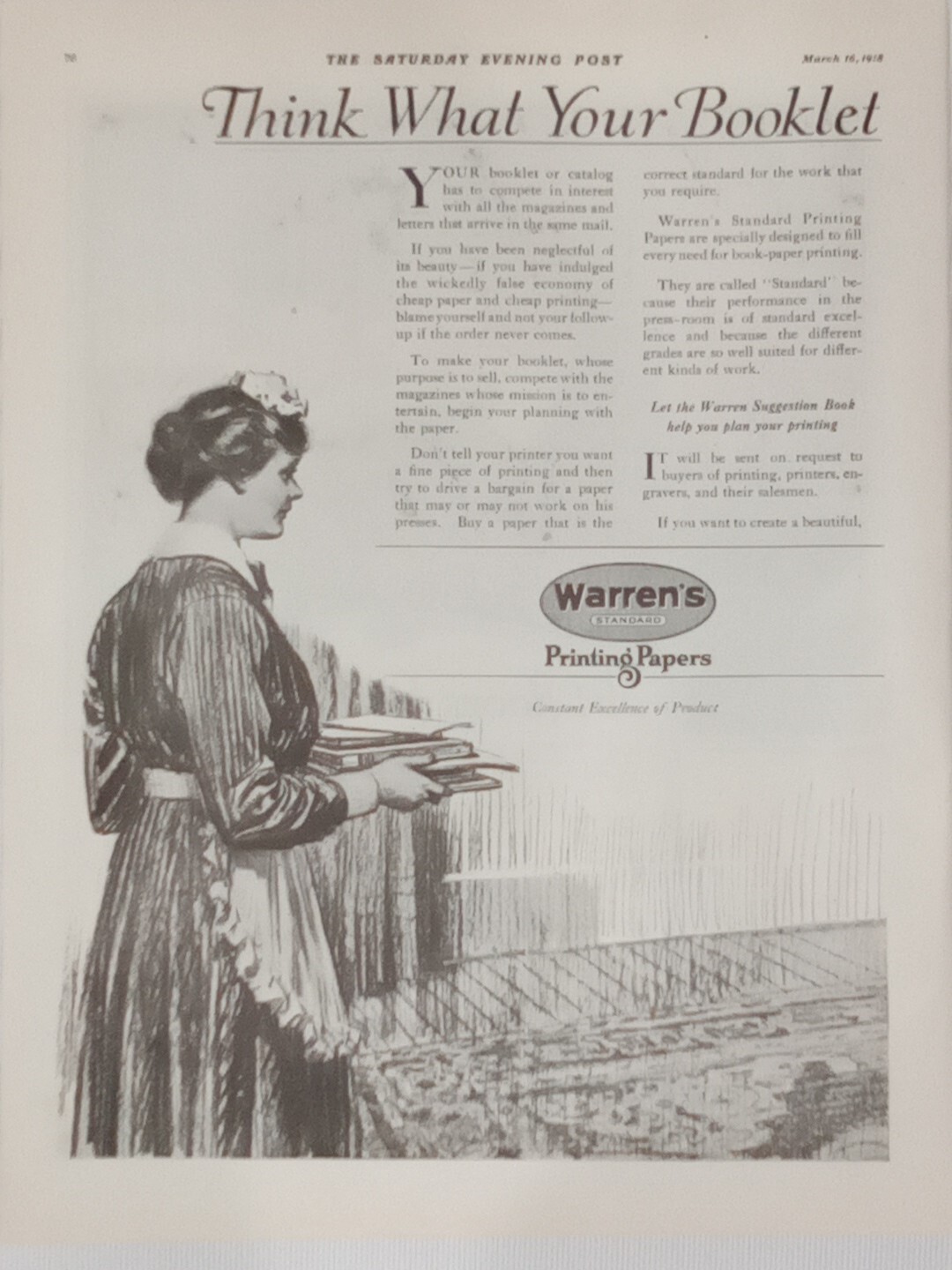 1914 Warren’s Standard Printing Papers Saturday Evening Post Print Advertisement