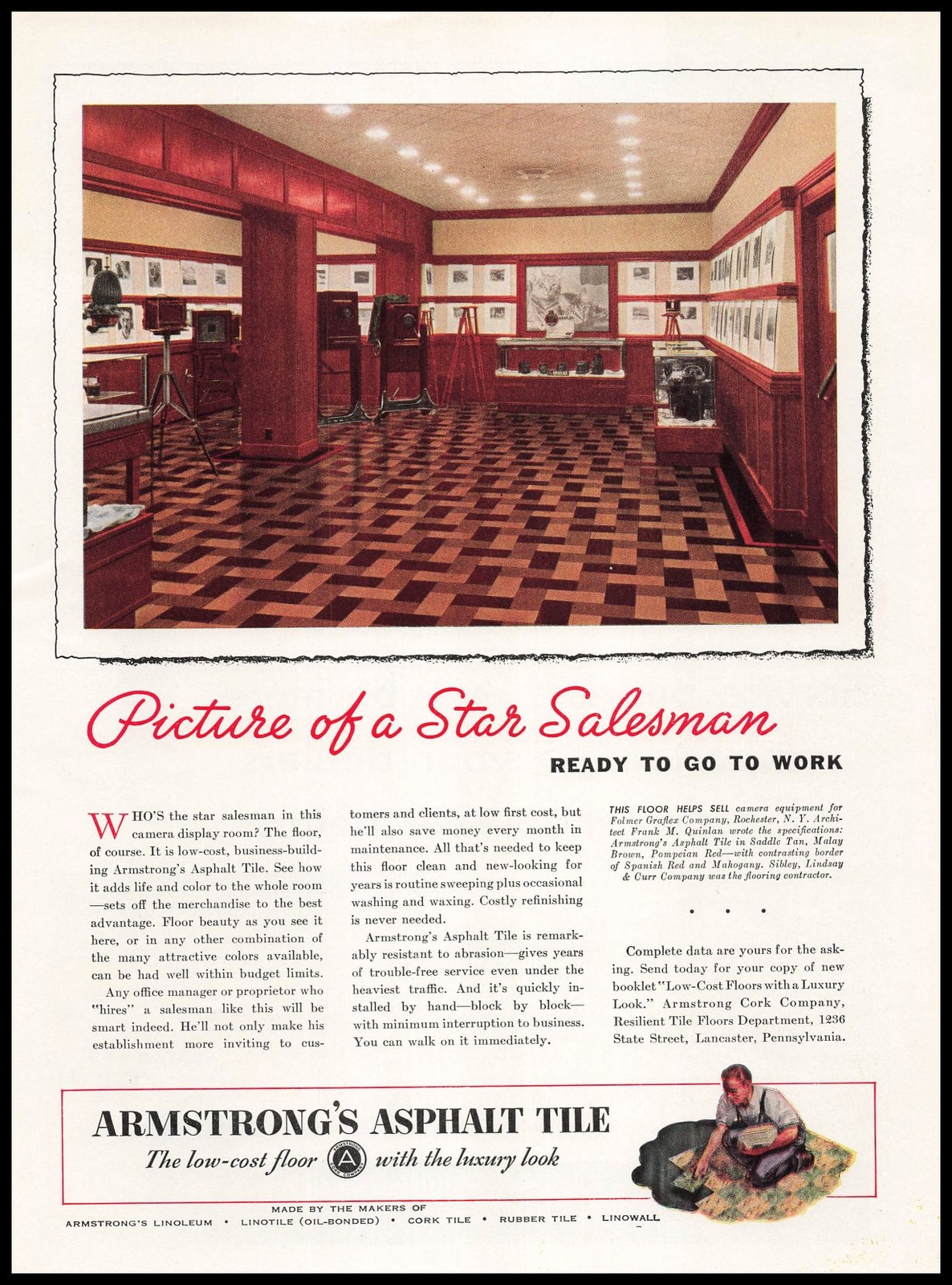 1941 Folmer Graflex Rochester NY Camera Room Armstrong Asphalt Tile Print Ad