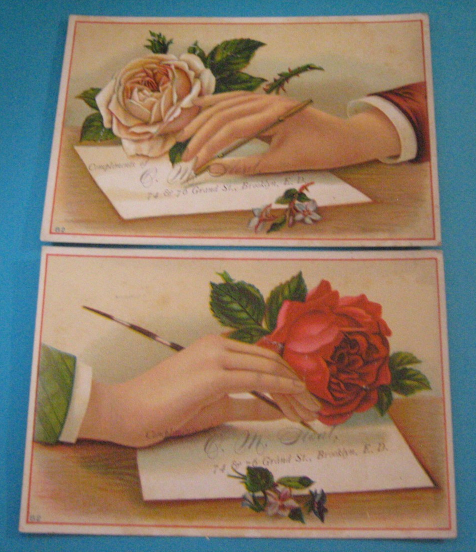 2 ANTIQUE 1800s VICTORIAN TRADE CARDS ADVERTISING COMPLIMENTS CARD BROOKLYN NY