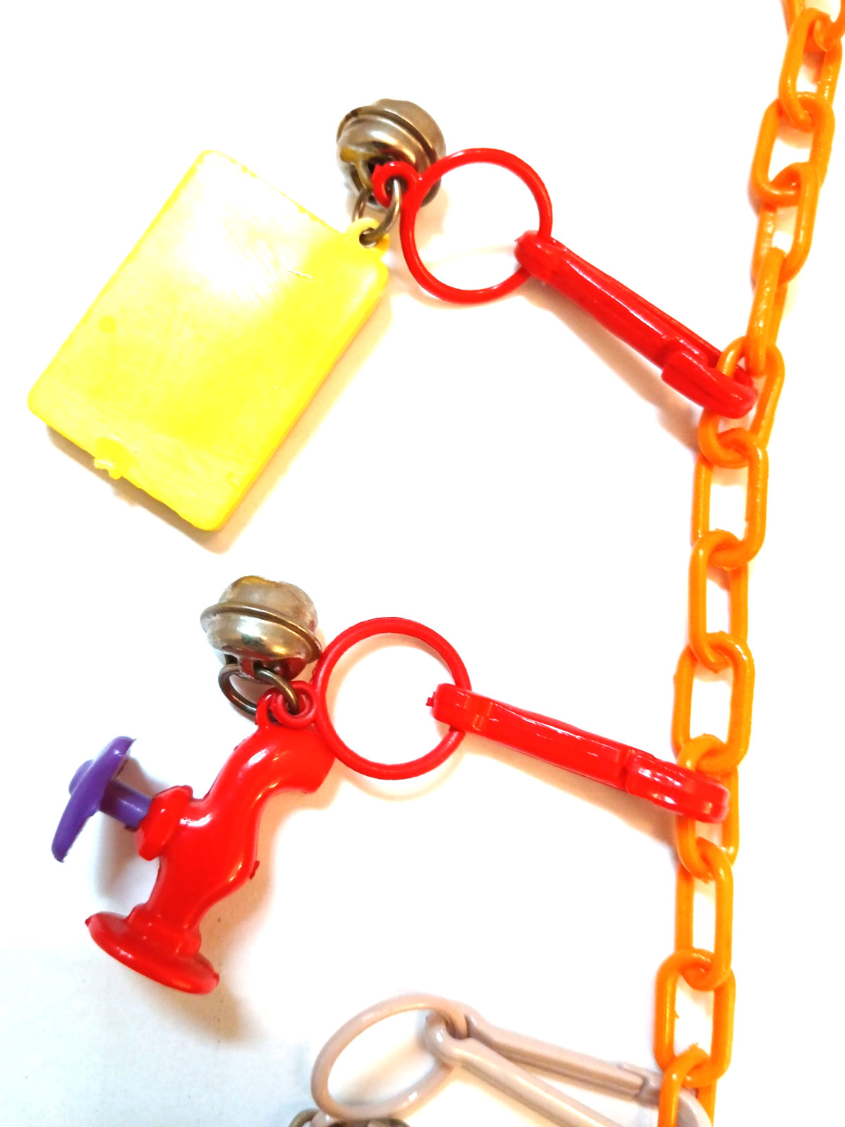 Vintage 80s Bell Charm Necklace w/ 15 Plastic Clip Charms and Orange Chain Retro