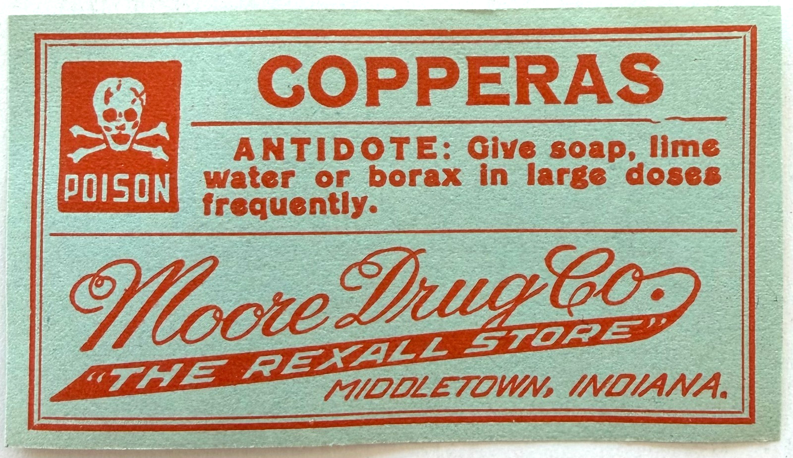 1920s Copperas Poison Label Skull Rexall Indiana NOS Unused Antique Medical