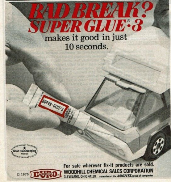 1977 Vintage Print Ad Bad Break Super Glue 3 Duro Woodhill makes it good 10 sec