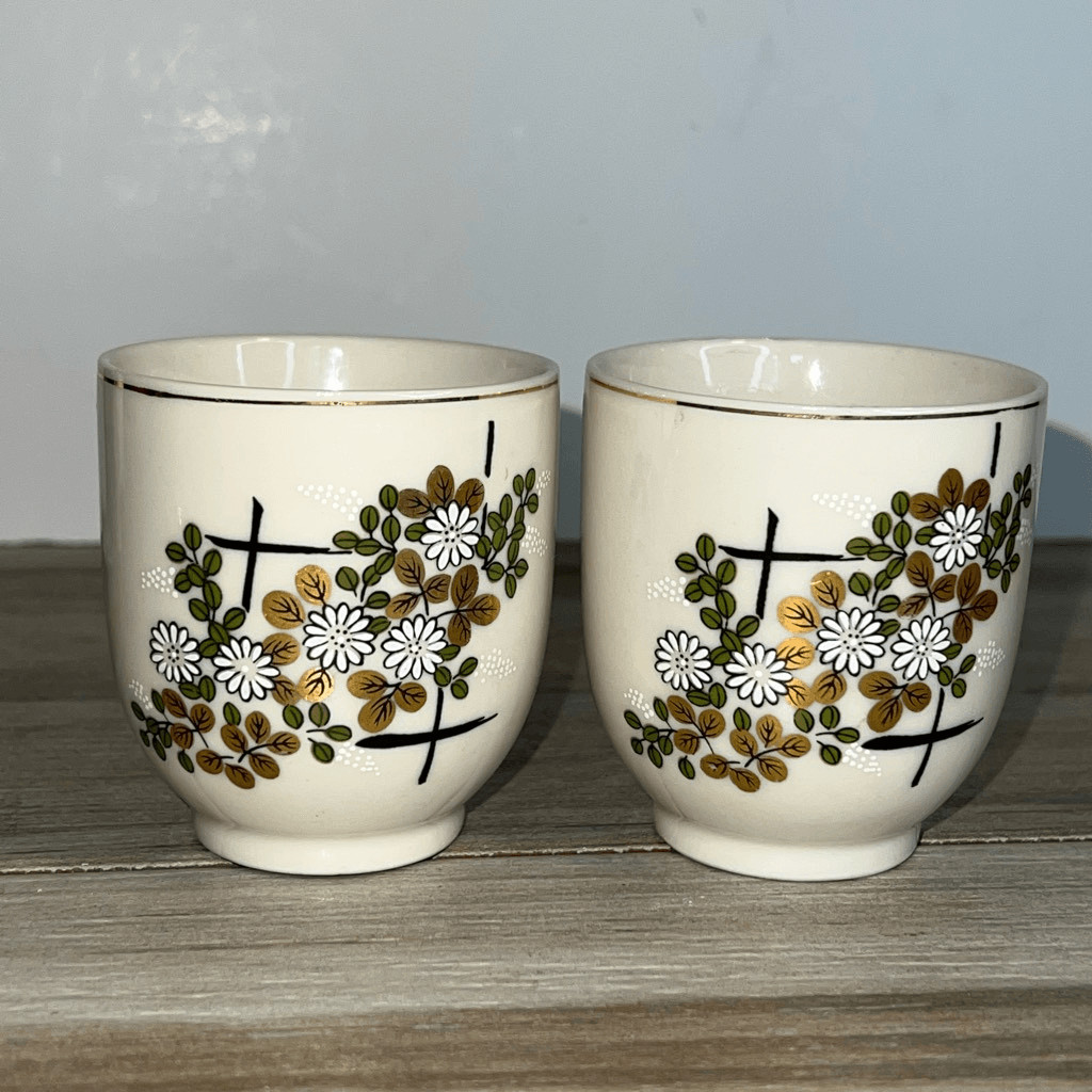 Vintage Japanese Tea Saki Set 2 Cups Gold Trim W Flowers CottageCore Bone China