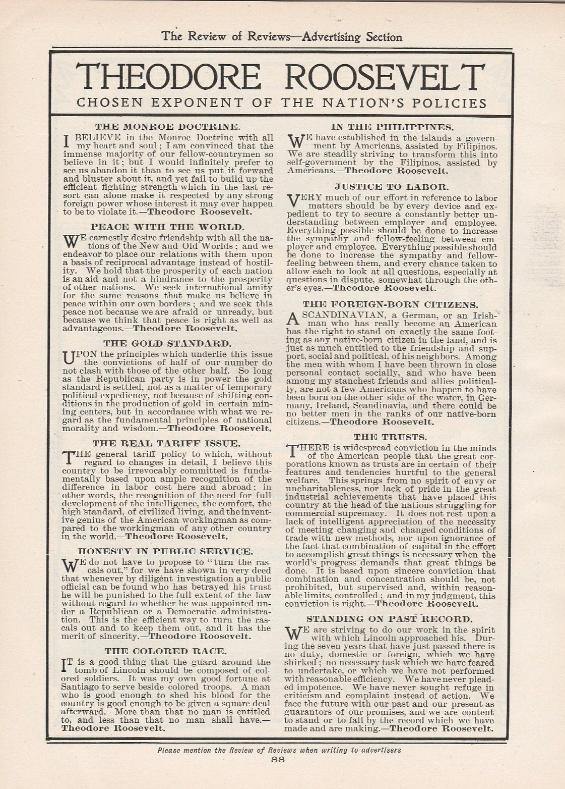 RARE Original 1904 Theodore Roosevelt Political Campaign Platform – Vtg Print Ad