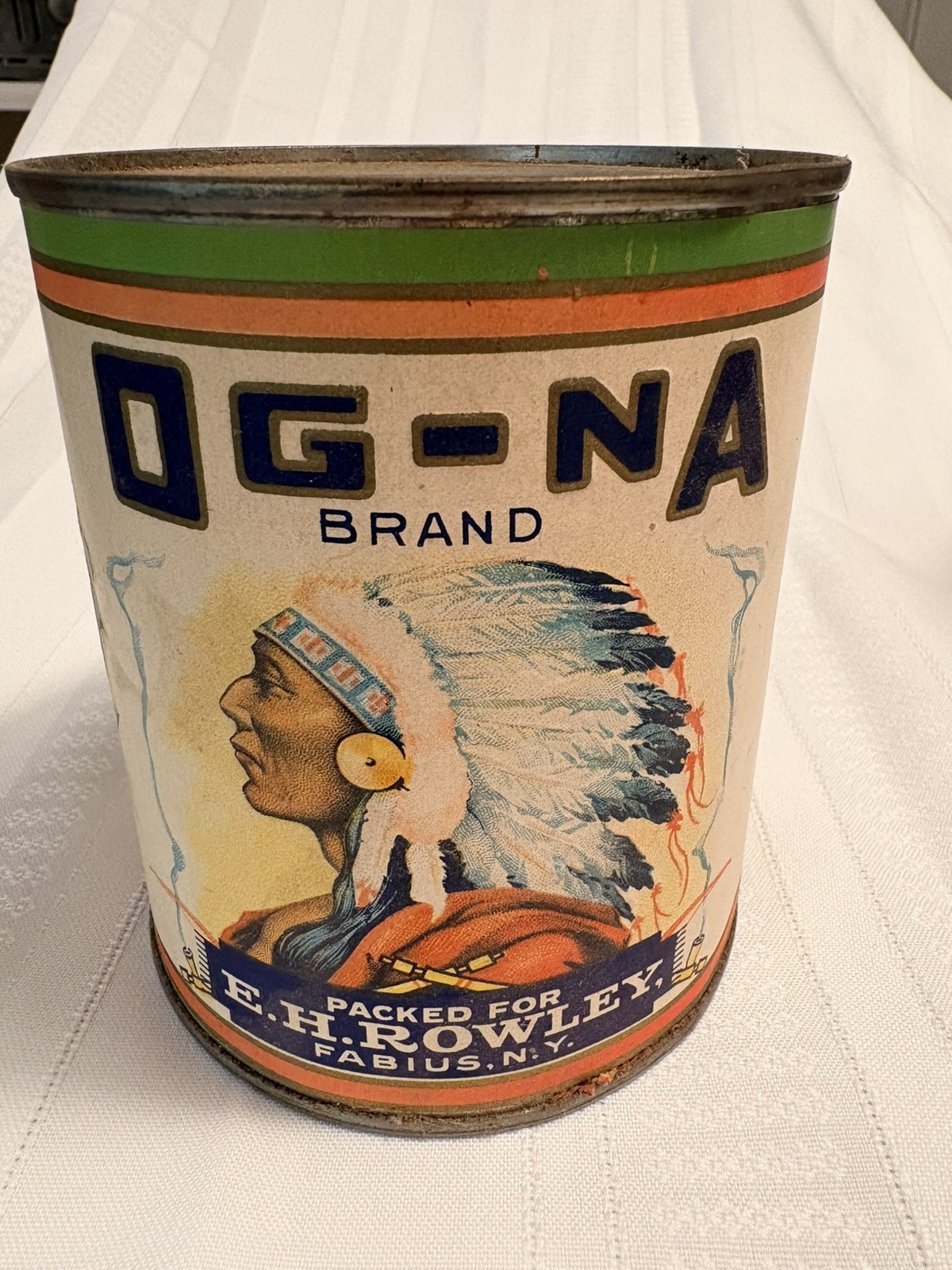 Vintage Tin Can Og-Na Og Na E.H. Rowley Fabius NY Native American Ad Paper Label