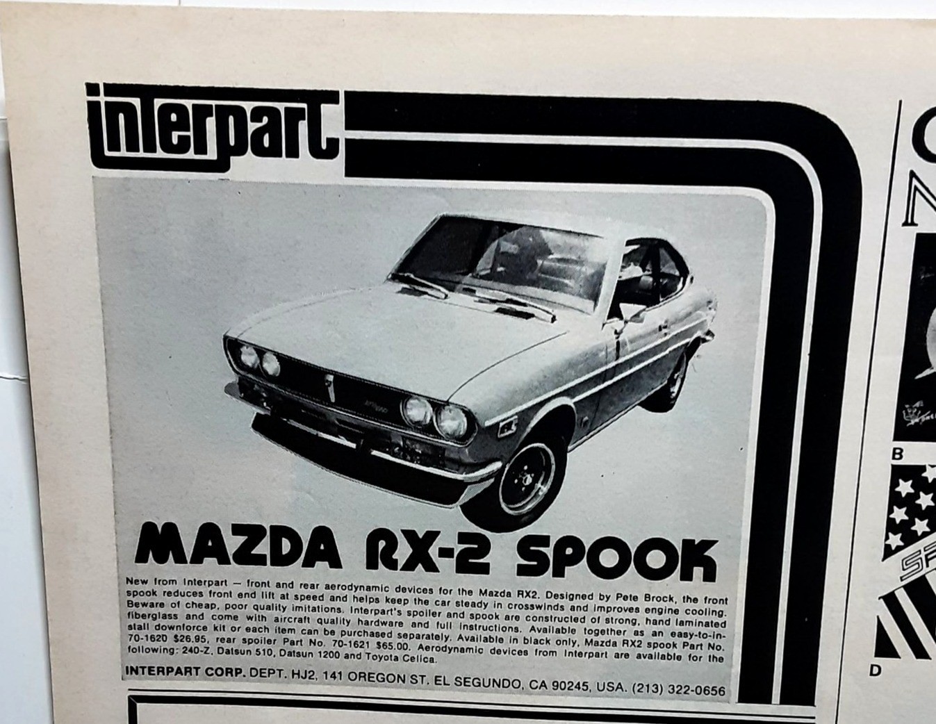 1972 Mazda RX-2 Spook Vintage Print Ad Interpart Rotary Car Racing