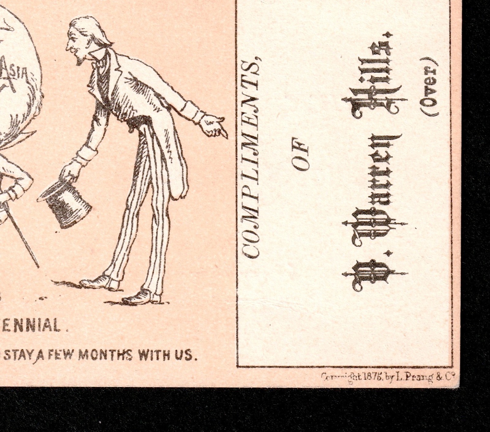 Uncle Sam 1876 Centennial Expo Union, ME Hair Barber World Prang Trade Card j.US