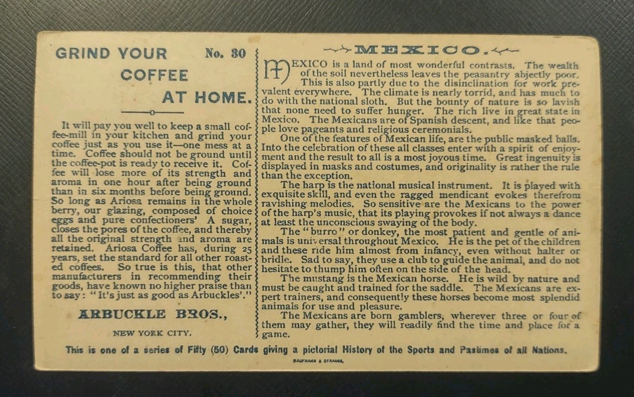 Arbuckles Ariosa Coffee Advertising Trade Card Mexico #30 1893 Nations Series