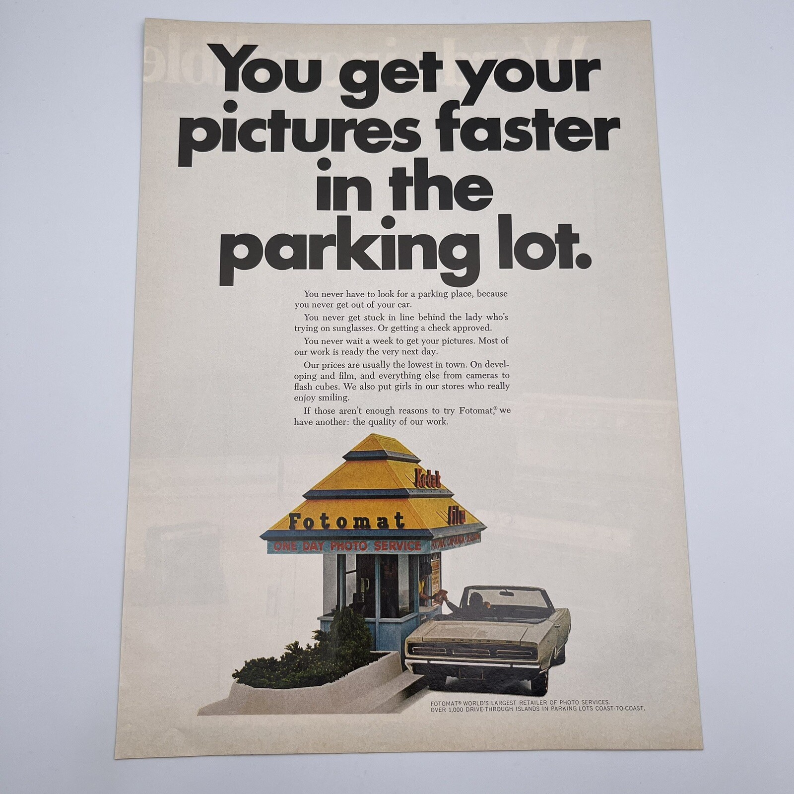 Fotomat Drive Through Island 1971 Vintage Print Ad 9.5″x13.25″ defunct store