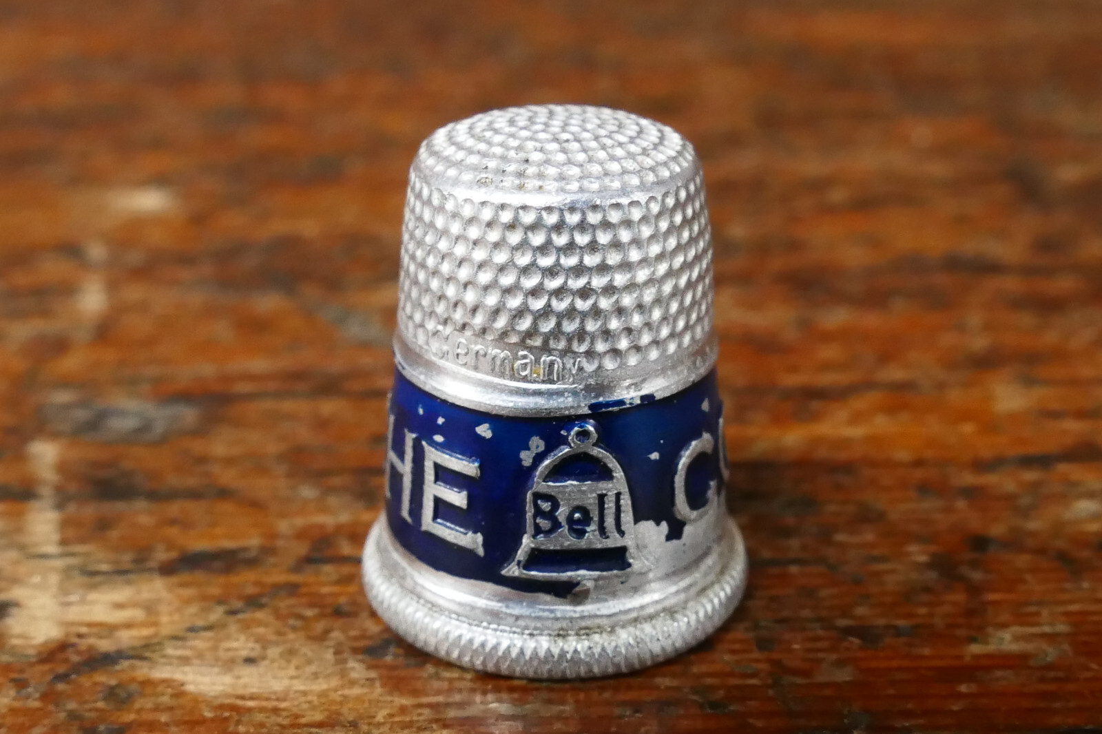 Vintage THE BELL COFFEE CO Metal Aluminum Advertising Sewing Thimble Blue Stripe