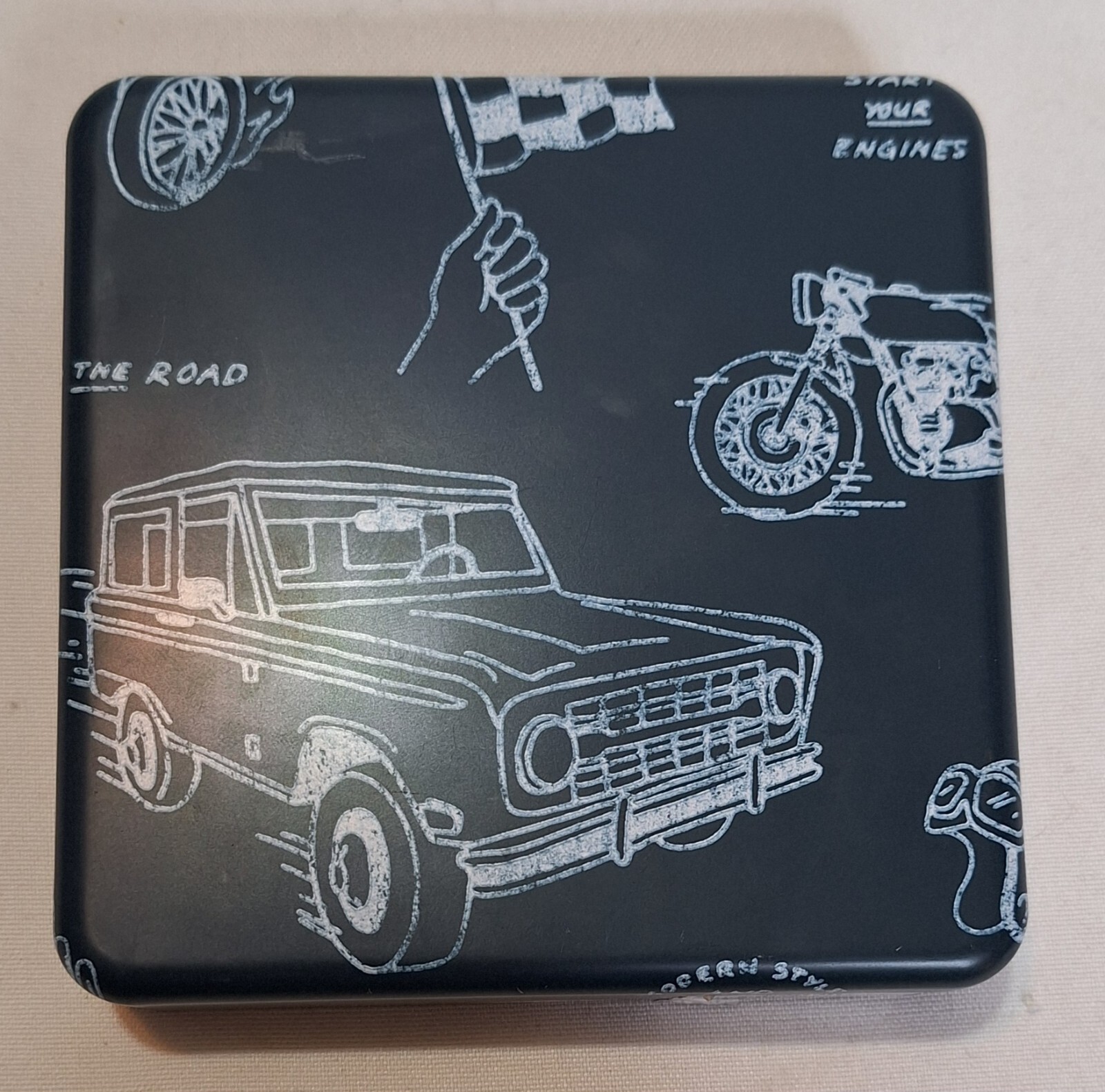 Fossil Empty Wallet Metal Tin Box “Hit The Road” “Start Your Engines” 5x5x1.25