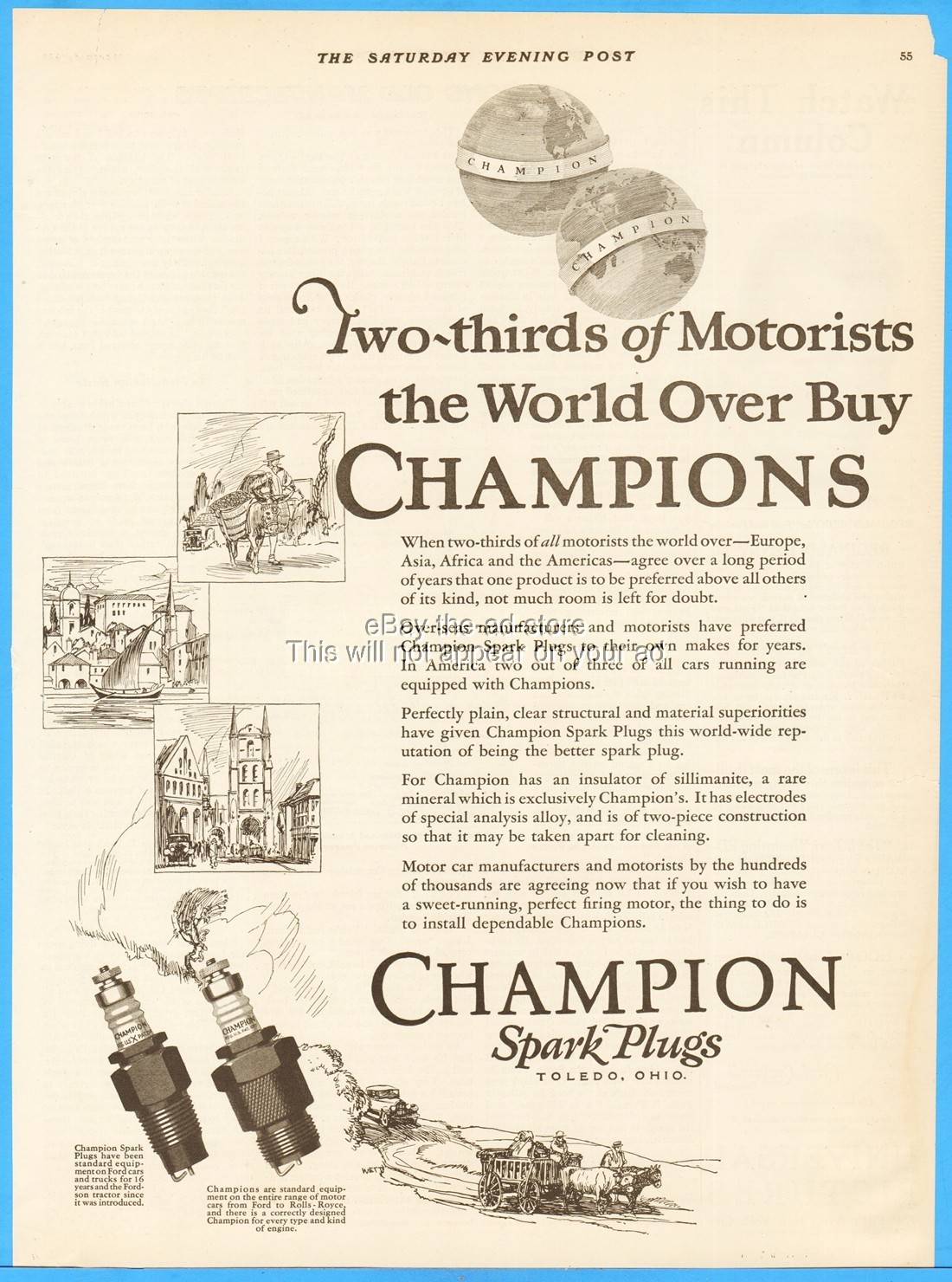 1927 Champion Spark Plug Co Toledo Ohio Motorist World Over Garage Shop Print Ad
