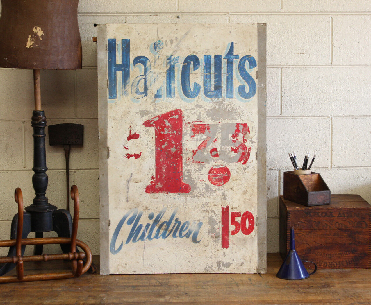 c.1950s Vtg Hair Dresser Cut Barber Double Sided Advertising Metal Sign Trade