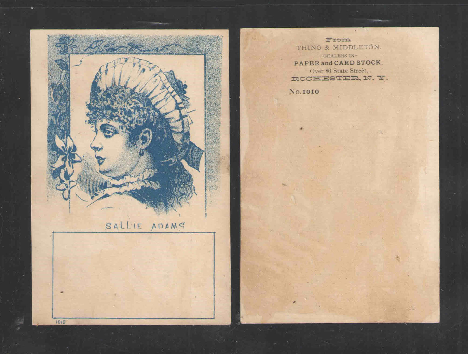 1880s THING & MIDDLETON { SALLIE ADAMS } ROCHESTER NY VICTORIAN TRADE CARD