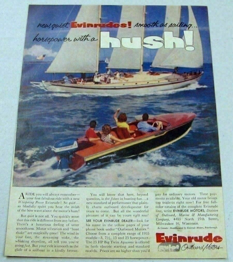 1954 Print Ad Evinrude Quiet Outboard Motors Wood & Sail Boat