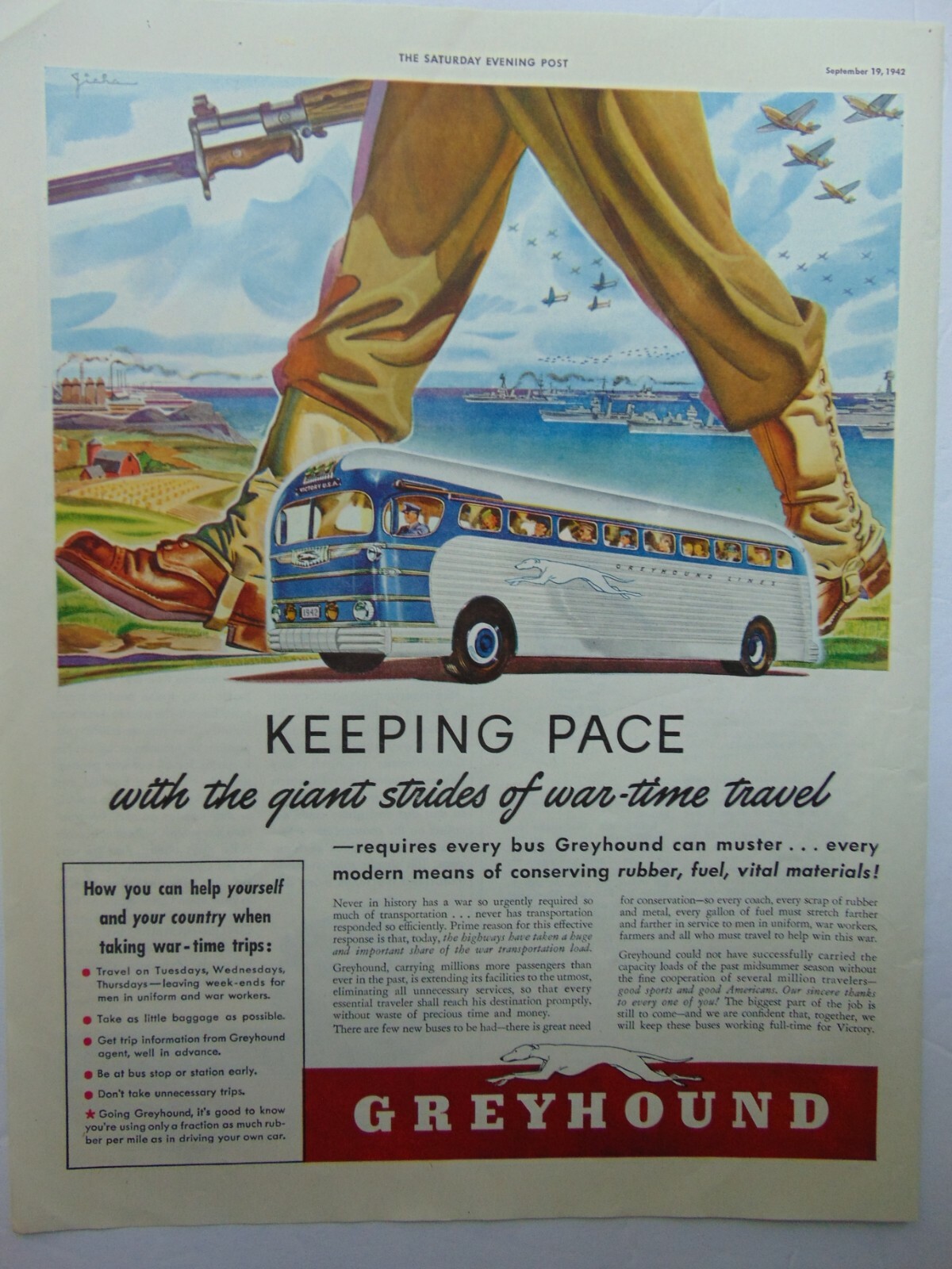 1942 GREYHOUND BUS KEEPING PACE WITH WAR -TIME TRAVEL vintage art print ad