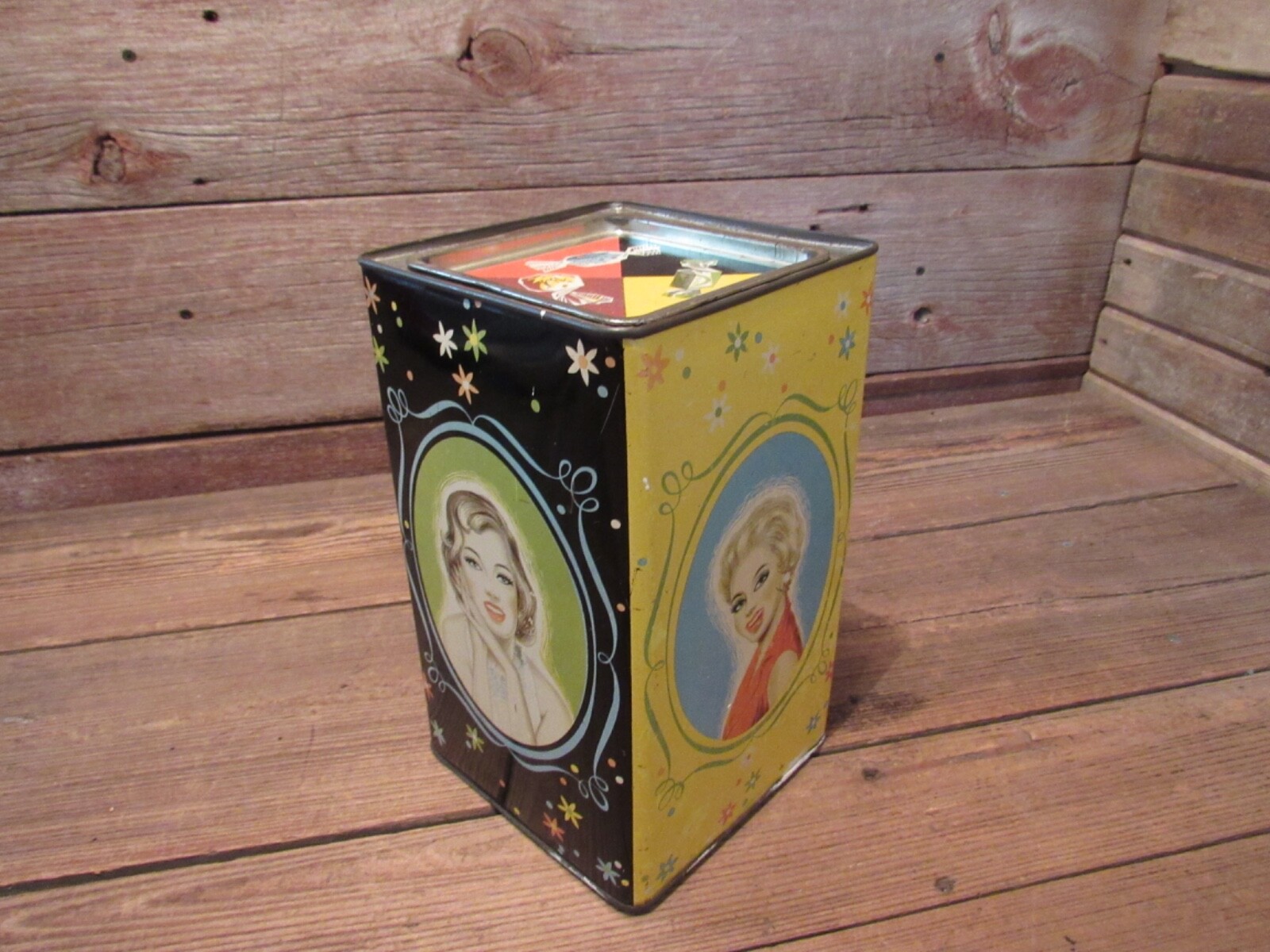 Vintage RARE Advertising Candy Ladies Tin Container Display With Top Lid