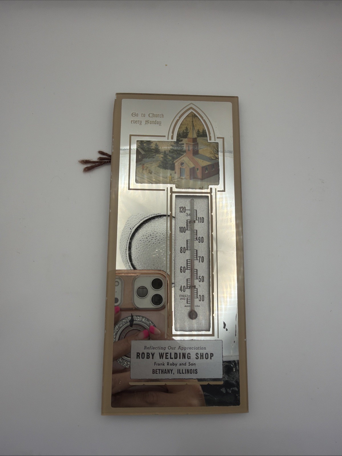 Vtg Advertising Thermometer Mirror Frank Roby Welding Shop Bethany, Illinois