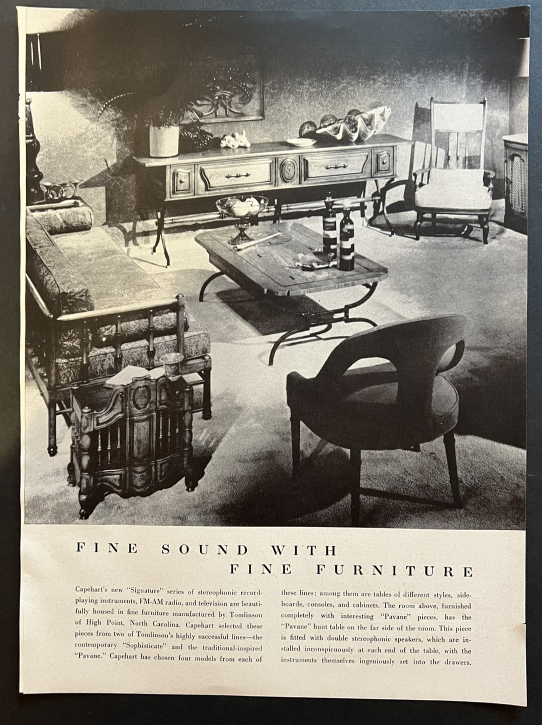 Vtg AD, Capehart’s Stereophonic Record Player AM/FM Radio TV Tomlinson Furniture