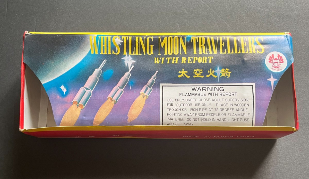 WHISTLING MOON TRAVELLERS WITH REPORT “BRICK” Firecracker Box/Label ANGEL BRAND!