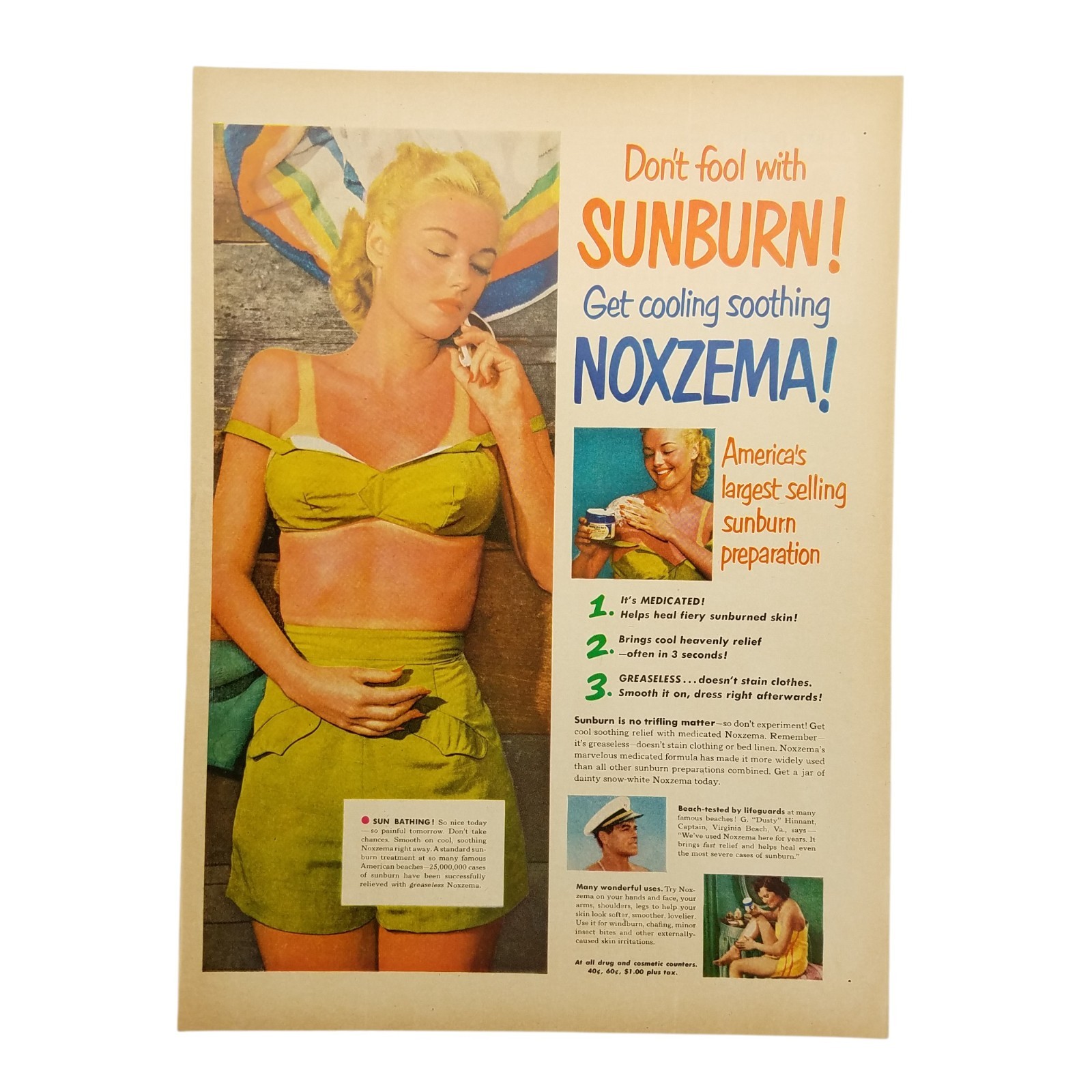 1950 Noxzema Vintage Print Ad Dont Fool With Sunburn Get Cooling Soonthing