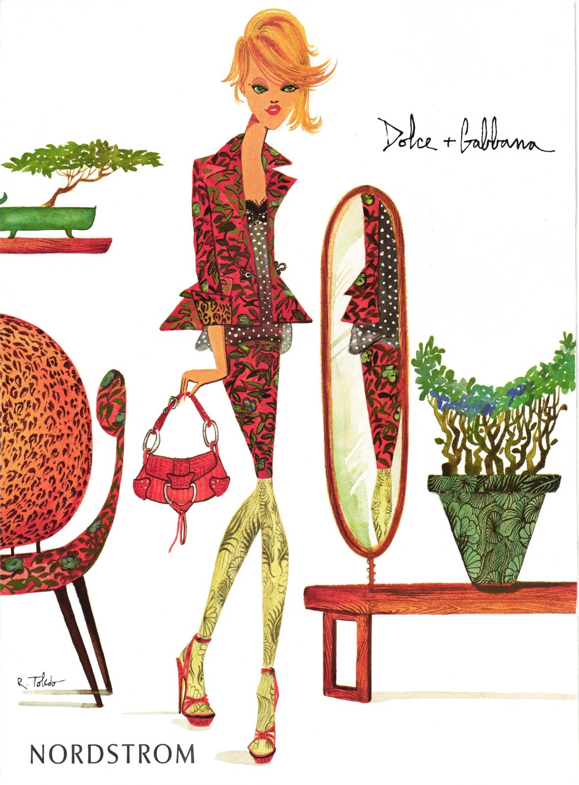 2004 Print Ad Dolce & Gabbana R. Toledo Fashion Illustration Lady Mirror 626