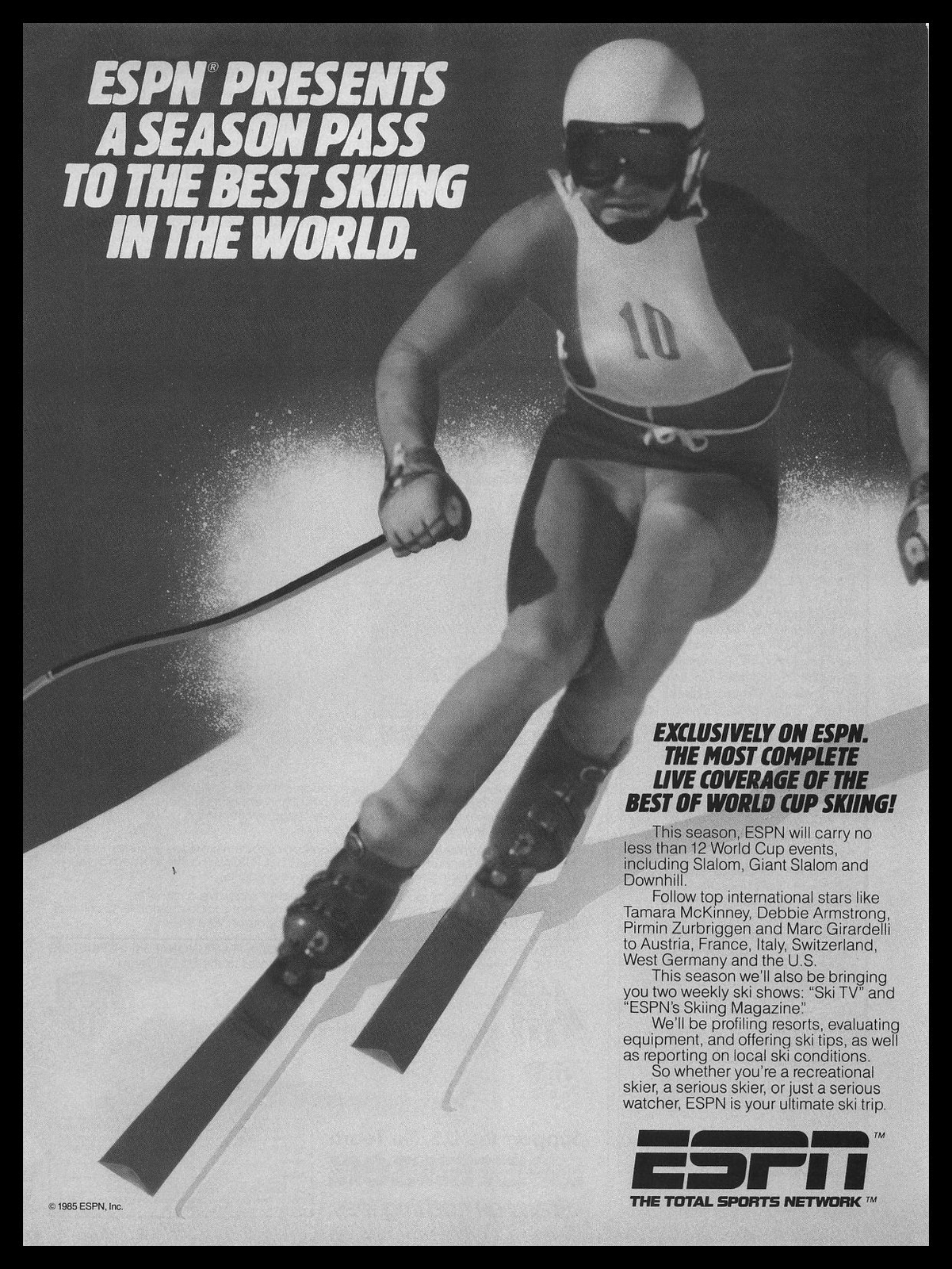 1985 ESPN World Cup Snow Skiing Giant Slalom Downhill Events Vintage Print Ad