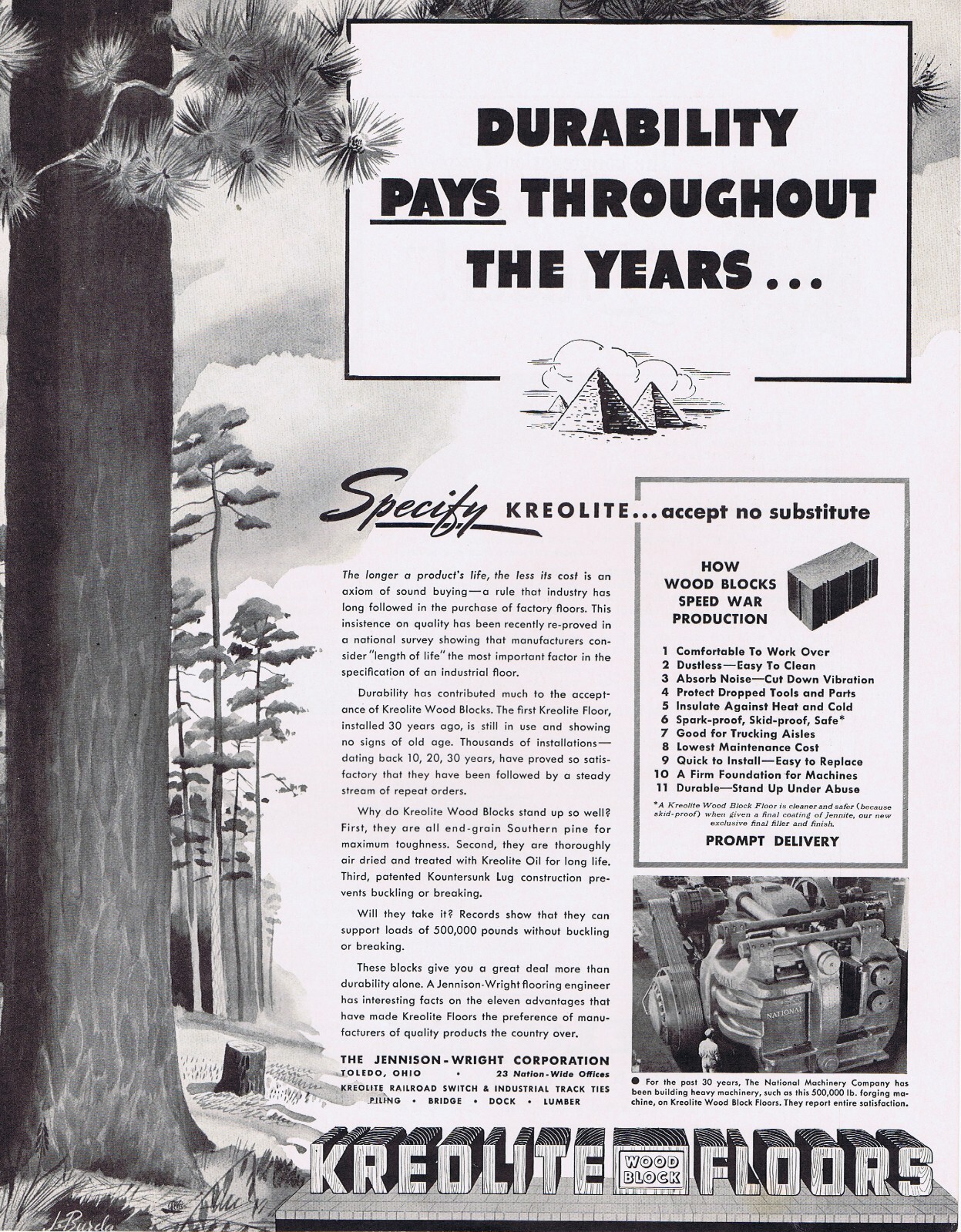 1942 Vintage KREOLITE FLOORS WOOD BLOCK 11X14 AD Construction, Toledo, WWII Era